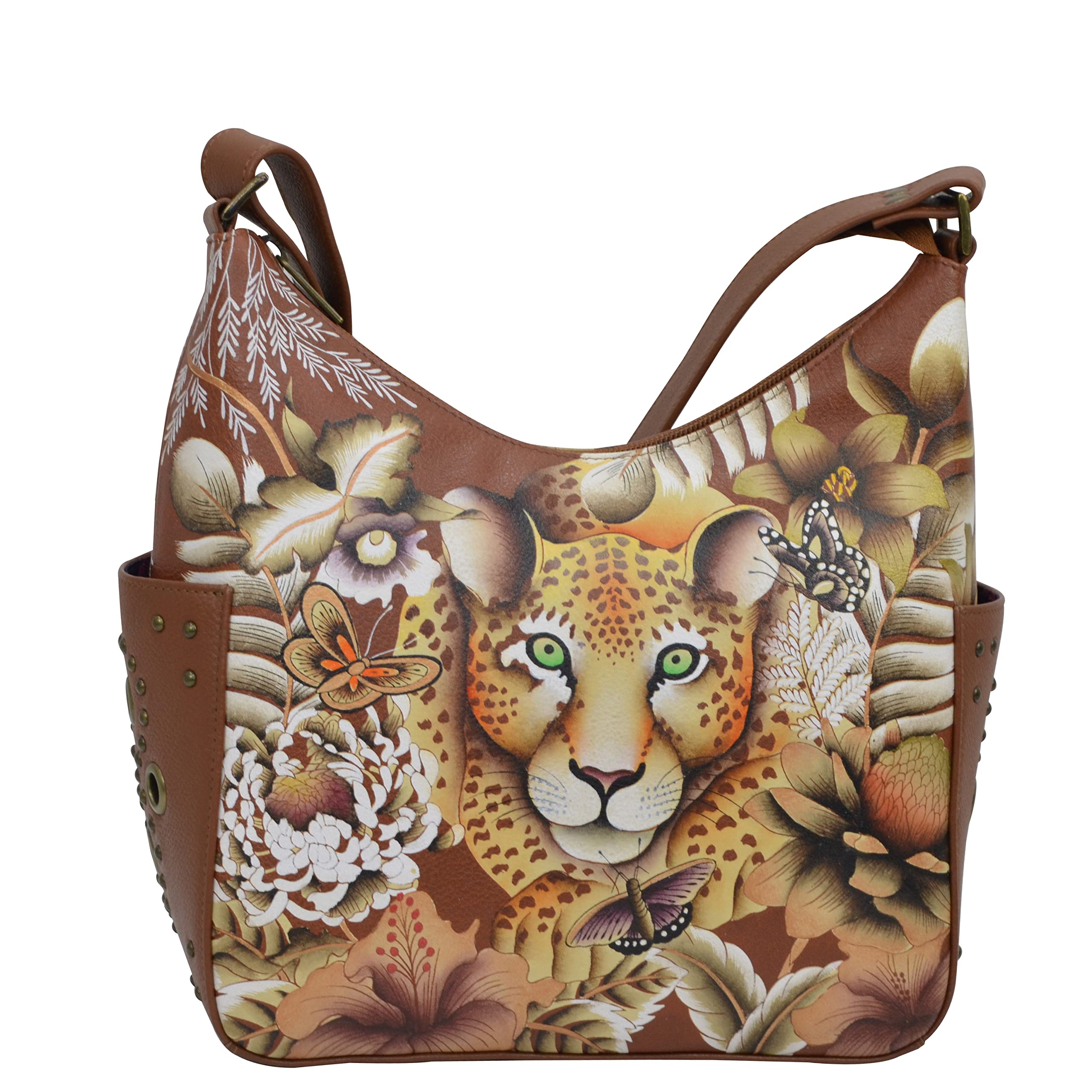 Anuschka Women's Genuine Leather Shoulder Bag - Hand Painted Floral Art Hobo Purse with Studded Side Pockets | Perfect for Work, Travel & Everyday Use