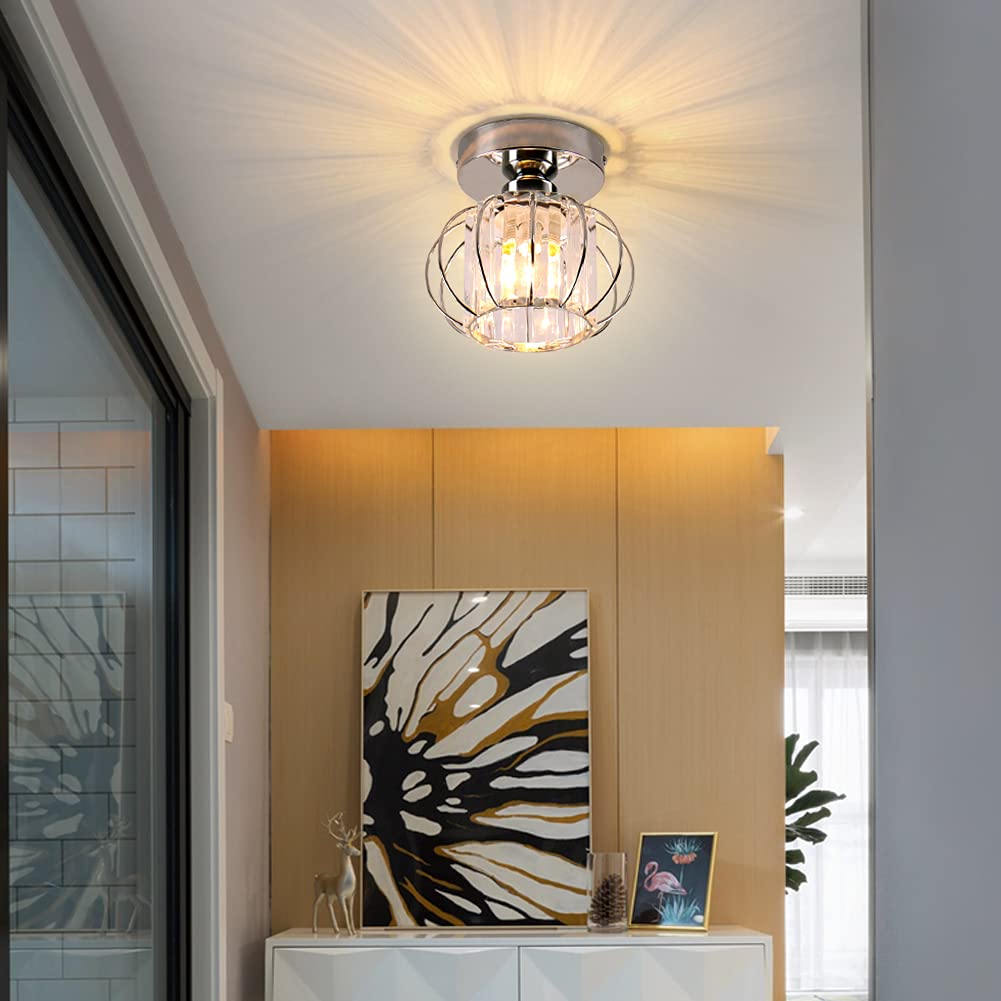 Modern Crystal Chandelier Ceiling Light - Small Semi Flush Mount Lamp with E27 Socket & Chrome Finish - Perfect for Hallway, Kitchen, Dining Room, Bedroom & Stairs Lighting