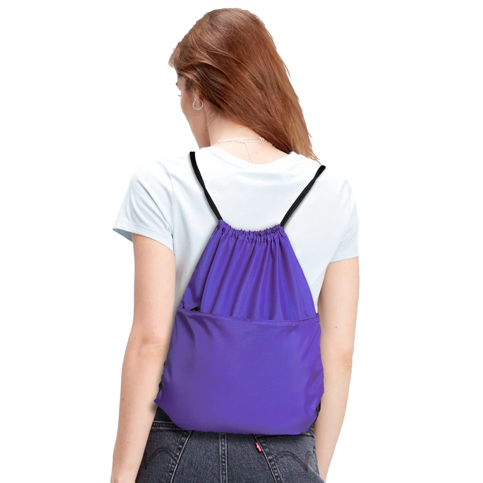 Lightweight Drawstring Backpack - 210D Nylon Foldable Gym Bag with Zipper Side Pocket for Men & Women | Perfect for Sports, Travel & School (Purple)