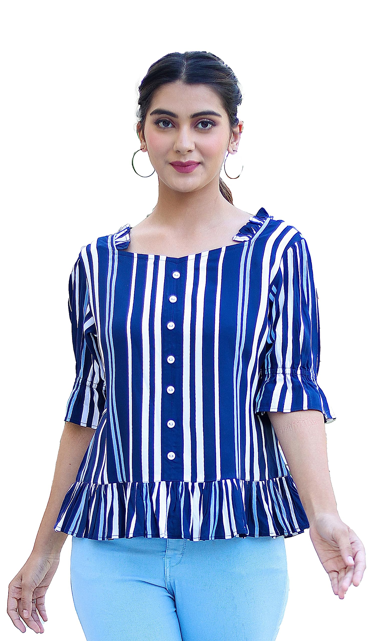 Yash Gallery Women's Regular Fit Striped Ruffle Blouse - Casual & Chic Top for Work, Date Night & Everyday Wear
