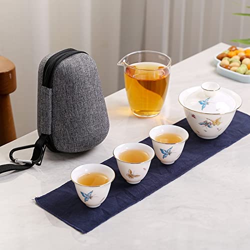 Hand Painted Jade Porcelain Teacup Set - Ceramic Teapot & Gaiwan with 3 Cups, Portable Travel Tea Set with Carrying Bag, Perfect for Home, Office & Outdoor Tea Ceremonies (Color: 01)