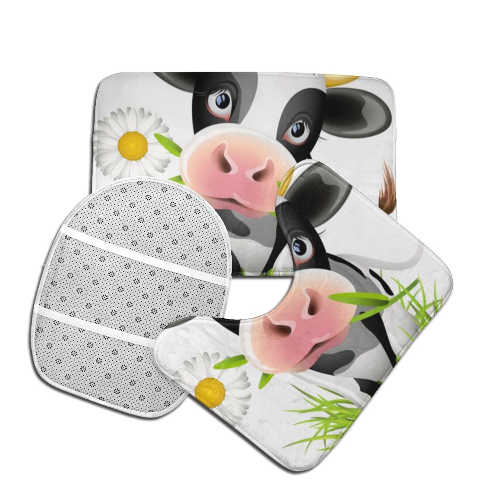 Non-Slip Daisy Cow Bathroom Mat Set - 3 Piece Toilet Mat, Contour Rug & Lid Cover for Bathroom, Shower & Tub - Soft Absorbent Floor Mats for Kids Room, Farmhouse Decor