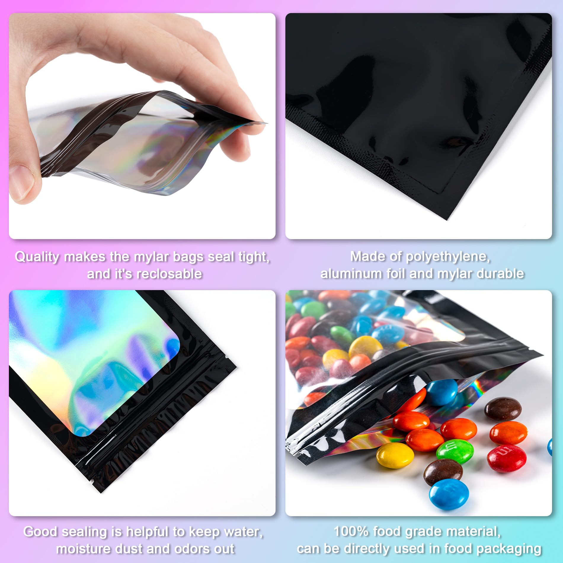 100Pcs Holographic Resealable Storage Bags - 4x6 Inch Smell Proof Food Grade Bags for Candy, Jewelry & Snacks | Airtight Packaging for Home, Travel & Party Use (Holographic Black)
