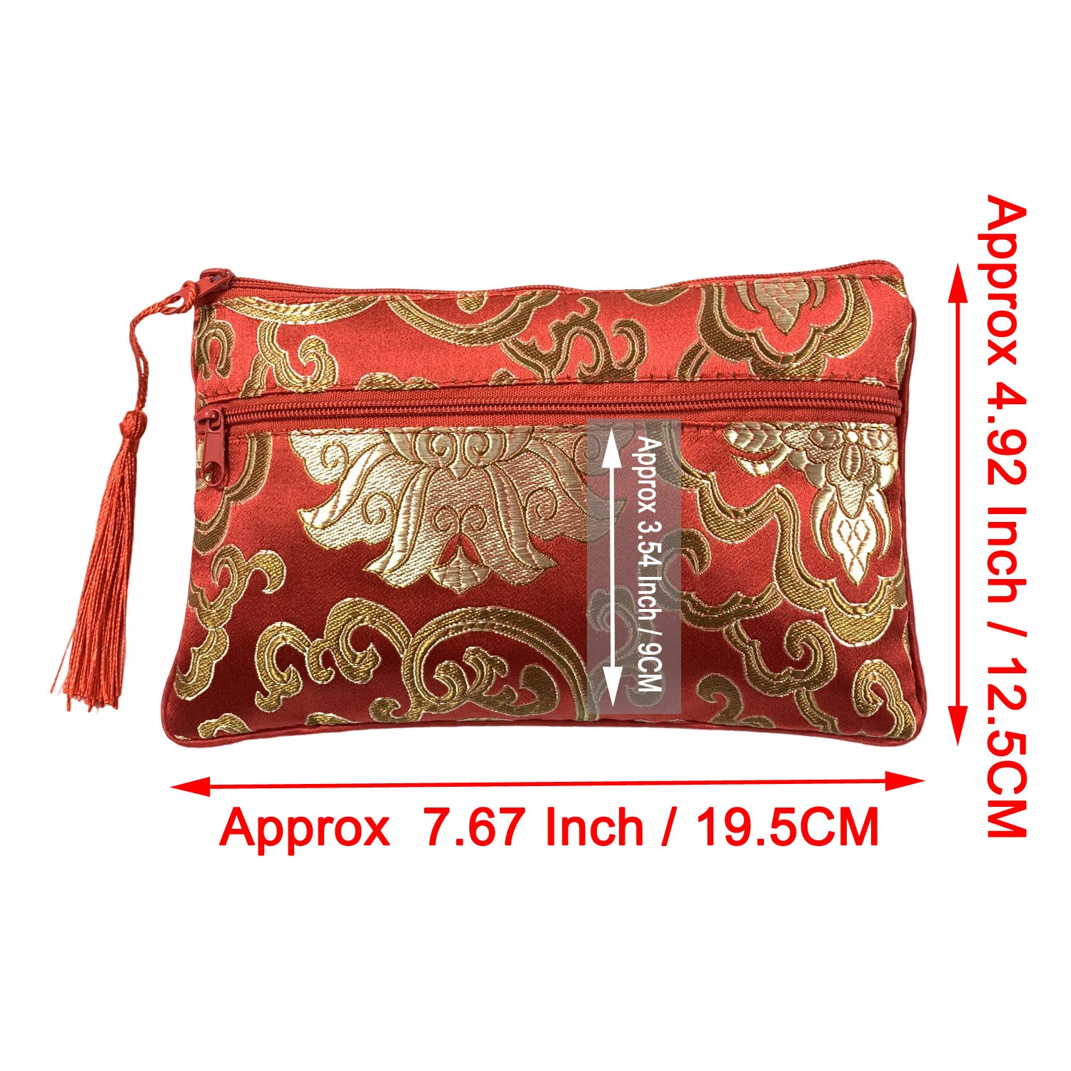 2PCS Silk Brocade Jewelry Pouch with Padded Tassel & Double Zipper - Coin Purse Gift Bags Set (Wine Red & Red) - Perfect for Organizing Rings, Necklaces & Small Valuables at Home or Travel