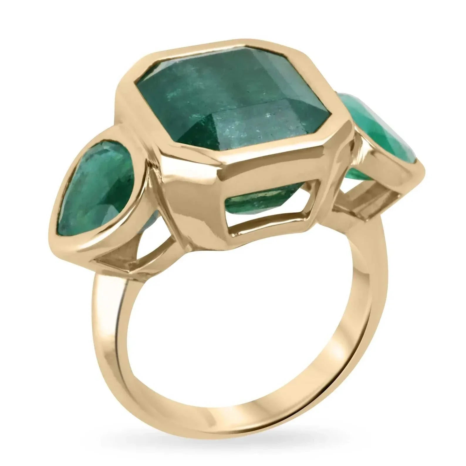 15.44tcw Three Stone Emerald Ring - 11.32 Carat Zambian Emerald with Pear Cut Accents in 18K Gold | Elegant Jewelry for Weddings, Anniversaries & Special Occasions
