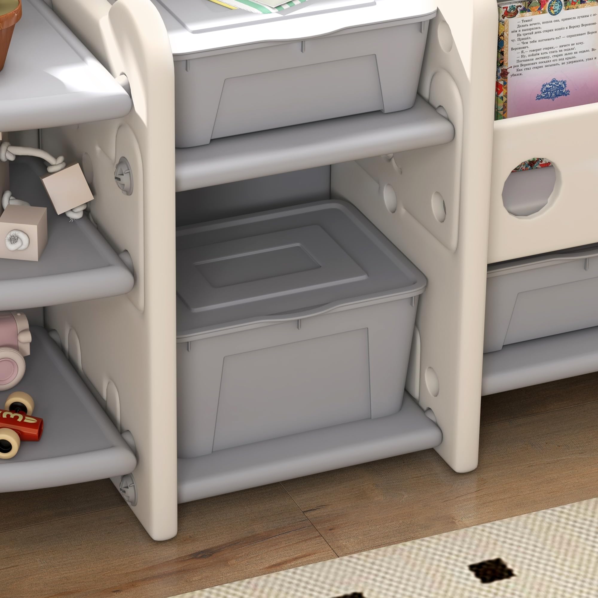 Qaba 4-Bin Toy Storage Organizer with Bookshelves & Racks - Kids Room, Nursery & Playroom Organization - Cream White Toy Box for Easy Cleanup & Child Development
