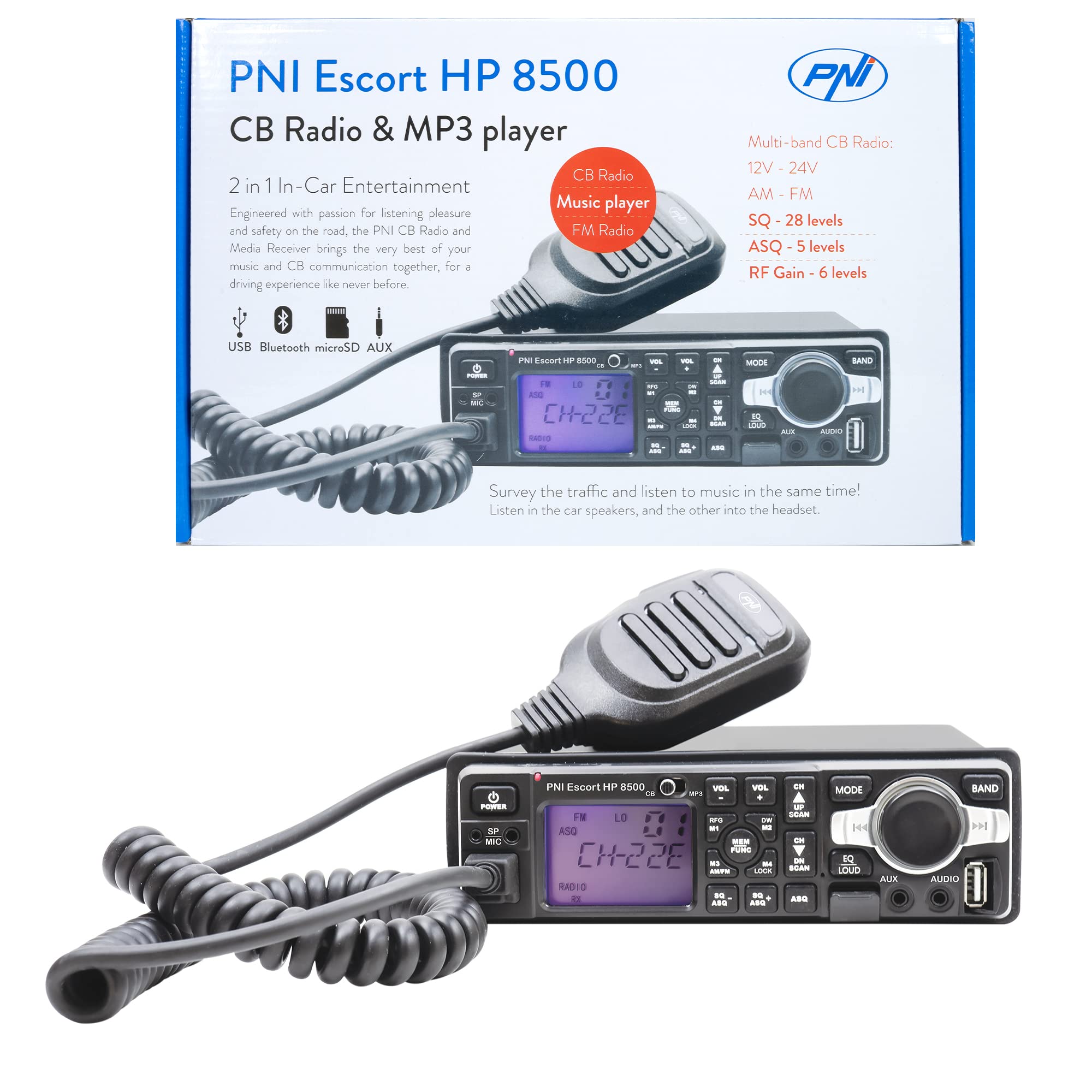 PNI Escort HP 8500 ASQ CB Radio with Built-in MP3 Player & Headset Mic - Long Range Communication for Truckers, Road Trips, and Outdoor Adventures