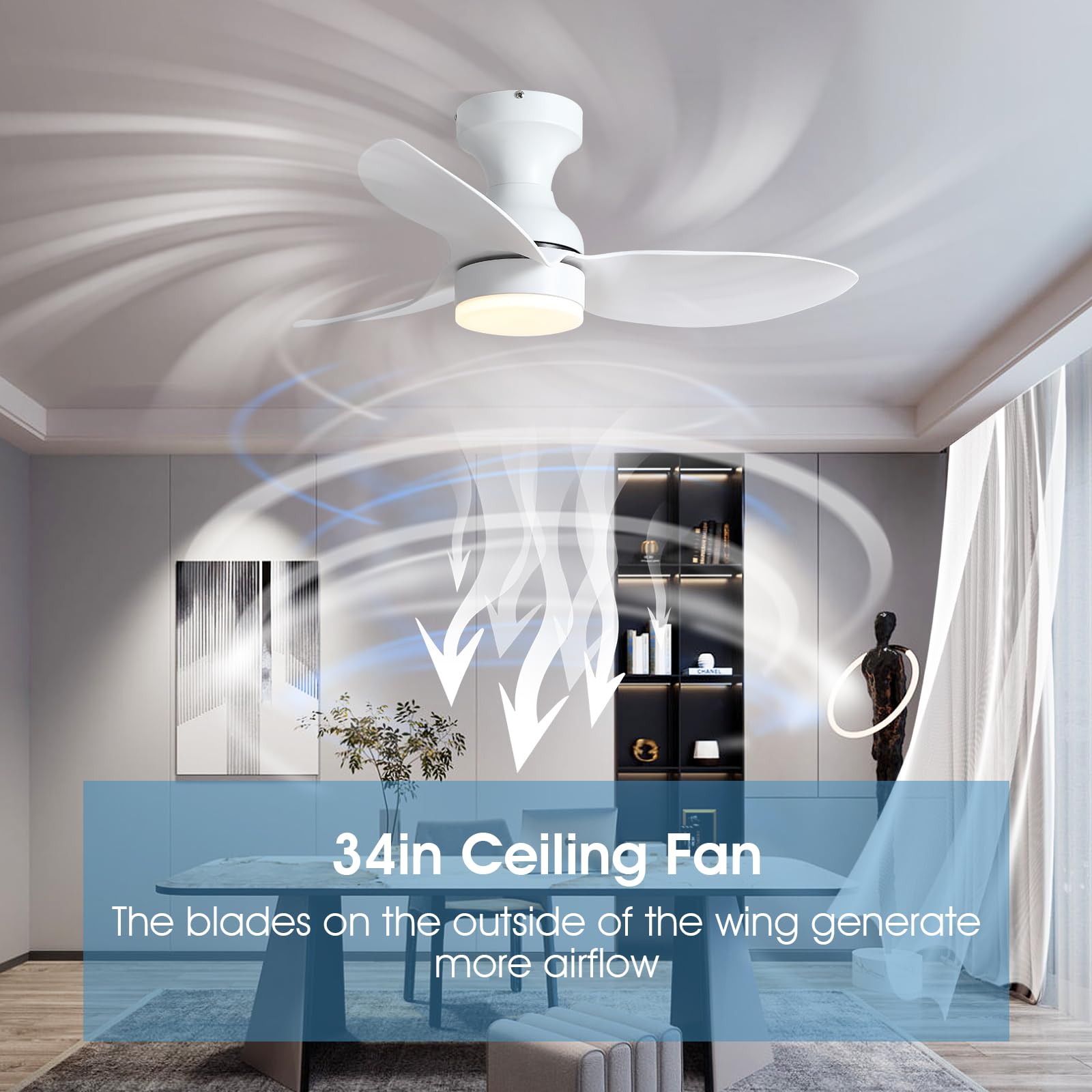 Surtime 34-inch Low Profile Flush Mount Ceiling Fan with Light, Remote & APP Control - 6 Speed Reversible, Dimmable 3-Color LED - Perfect for Outdoor Patio, Small Room, Bedroom, Living Room & Office