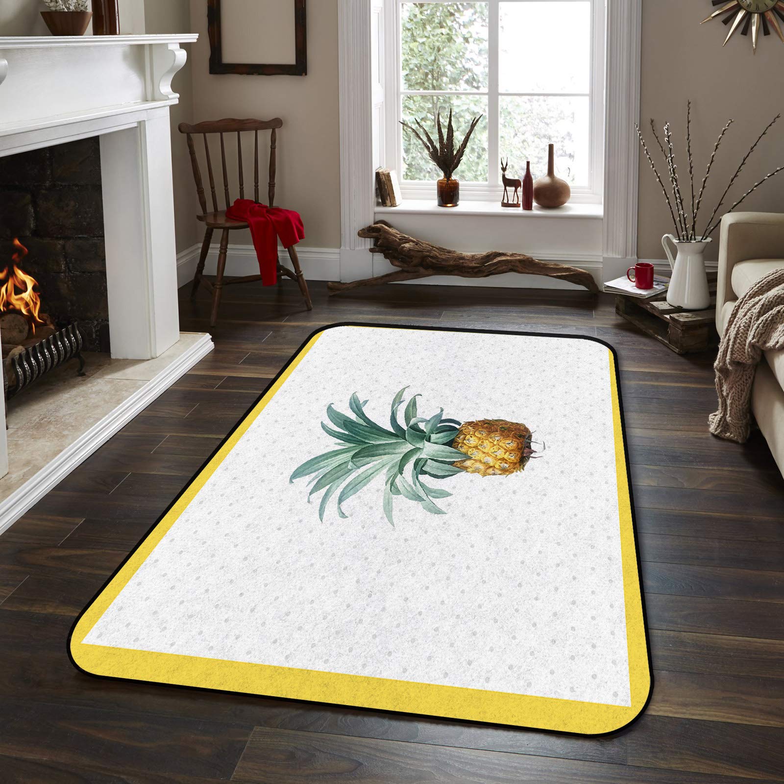 5' x 7' Modern Large Area Rugs - Non-Slip Throw Carpet for Living Room, Bedroom & Nursery - Summer Fruit Yellow Pineapple Green Leaf Design - Indoor/Outdoor Floor Cover - Perfect for Home Decor, Photo Backdrops & Kids Play Areas