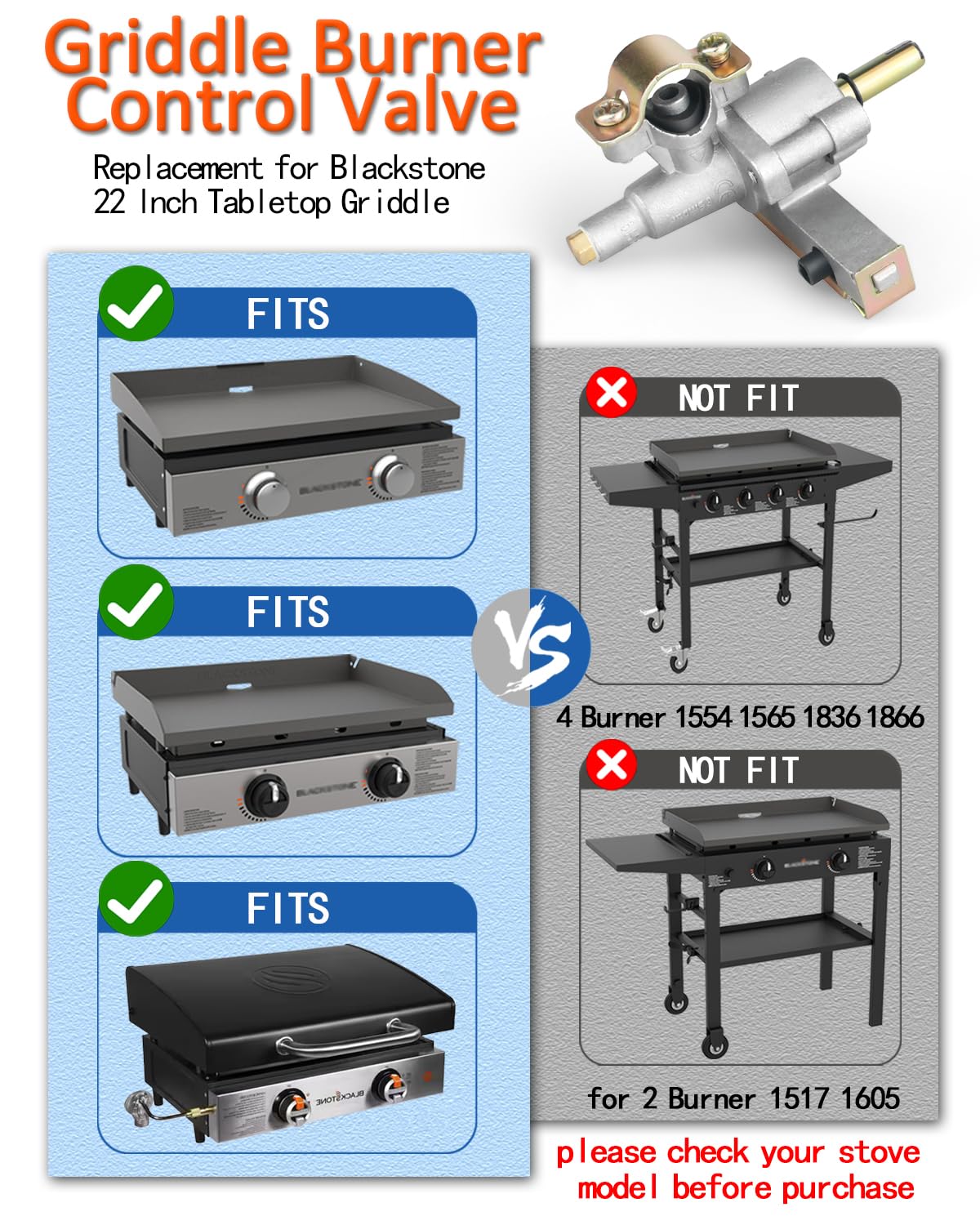 2-Pack Blackstone 22 Inch Gas Grill Griddle Burner Control Valve - Compatible with Models 1666, 1813, 1843 - Replacement Gas Valve with Igniter Port for Outdoor Cooking & Camping Grills