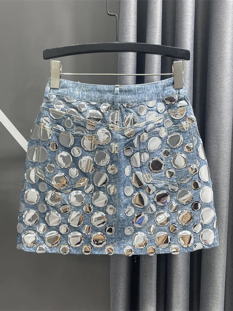 DEAT Women's High Waist Denim Mini Skirt with Sequin Patchwork - Summer Fashion Wrap Skirt in Blue | Perfect for Casual Outings, Parties & Street Style