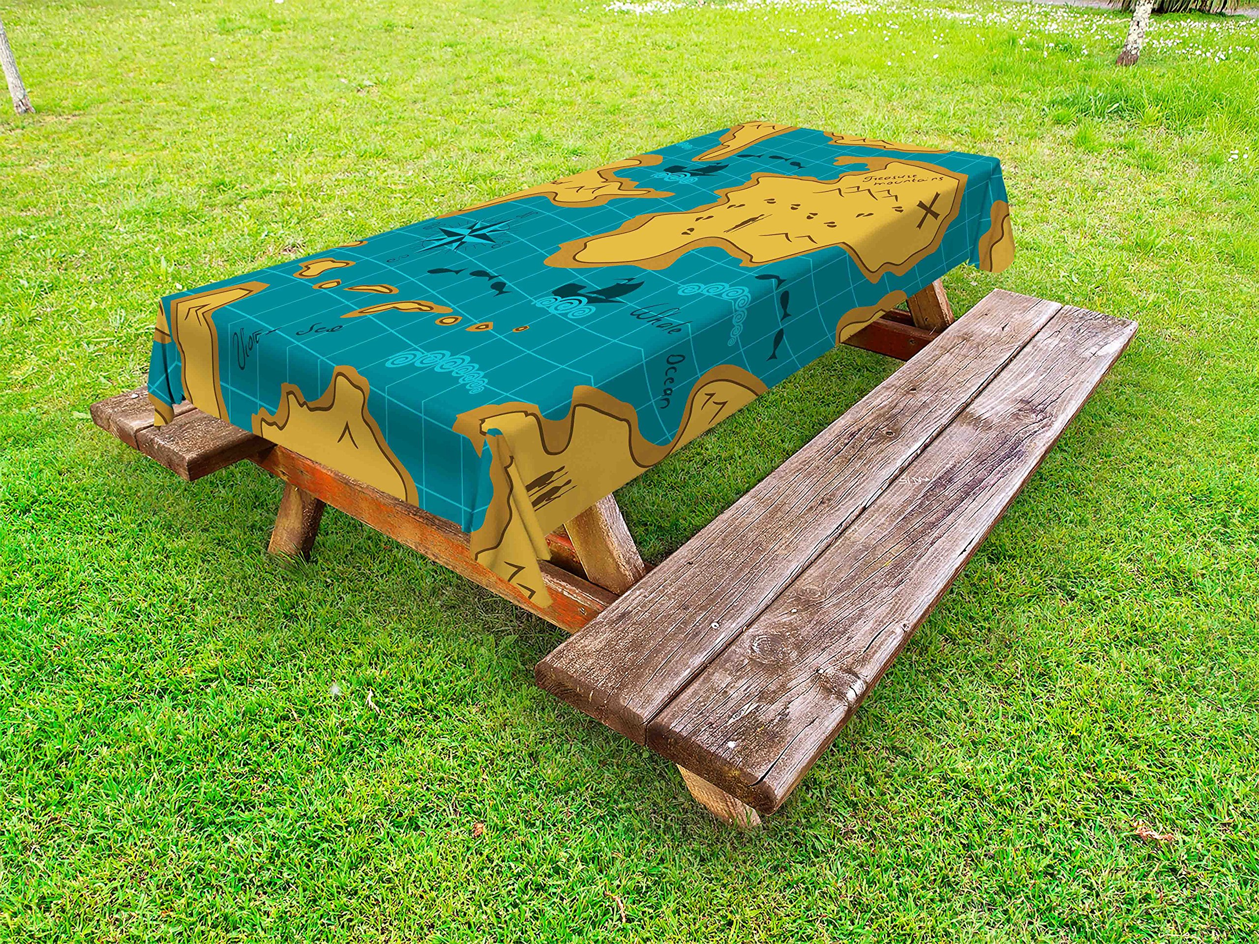 Ambesonne Vintage Island Map Tablecloth - Waterproof Washable Outdoor Picnic Table Cover with Historical Nautical Design, 58x84 Inches, Orange & Blue - Perfect for Beach Parties, BBQs, and Backyard Gatherings