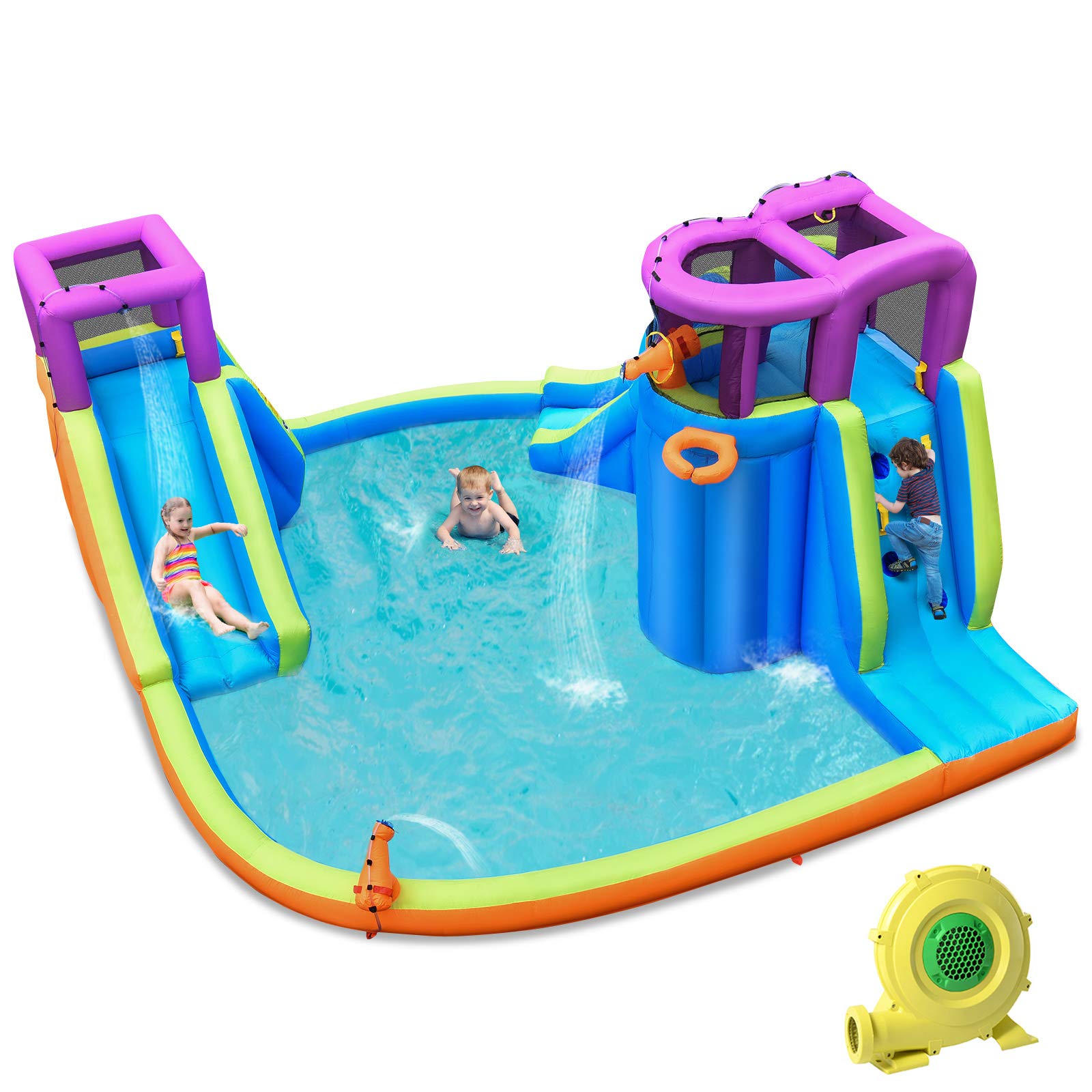 BOUNTECH 15x14.5FT Inflatable Water Slide Park with Dual Slides & Climbing Wall - Mega Outdoor Water Slide for Kids, Splash Pool, Backyard Party Fun - Perfect for Summer Gatherings, Birthday Parties and Family Outdoor Activities