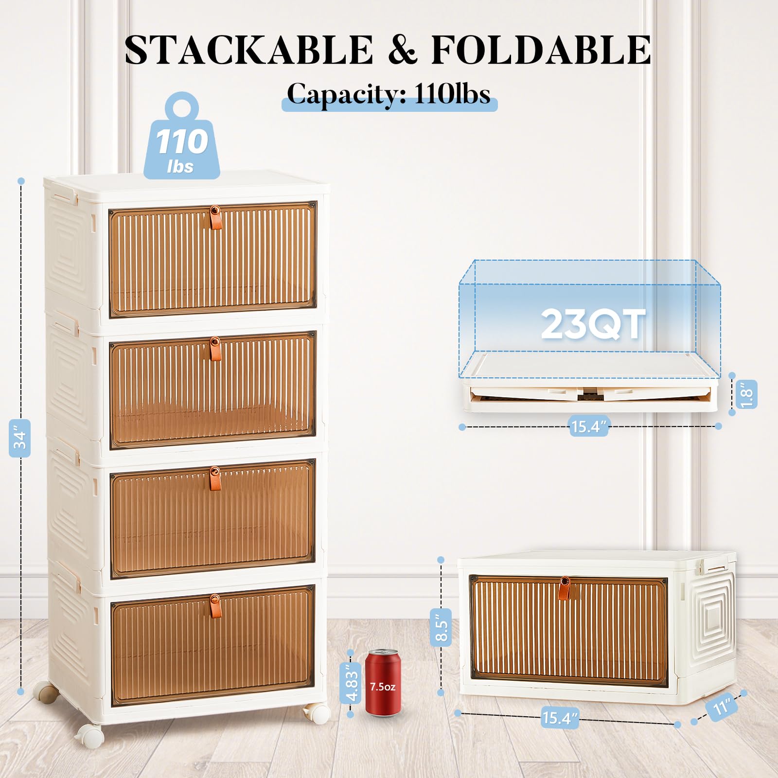 Stackable 23QT Storage Bins with Wheels & Lid - for Closet, Pantry & Office Organization