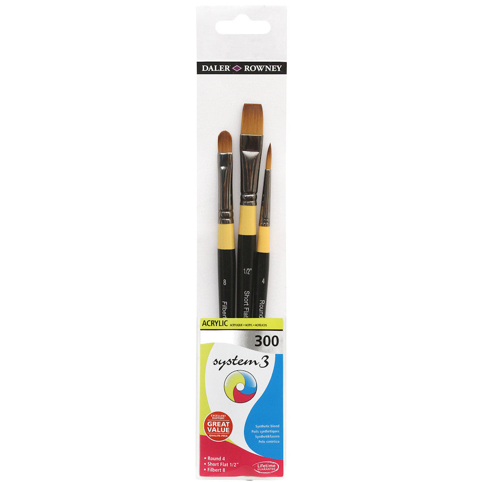Daler Rowney System3 Acrylic Short Handle Paint Brush Set - 3 Pack for Artists & Hobbyists | Perfect for Canvas Painting, DIY Crafts & Home Decor Projects