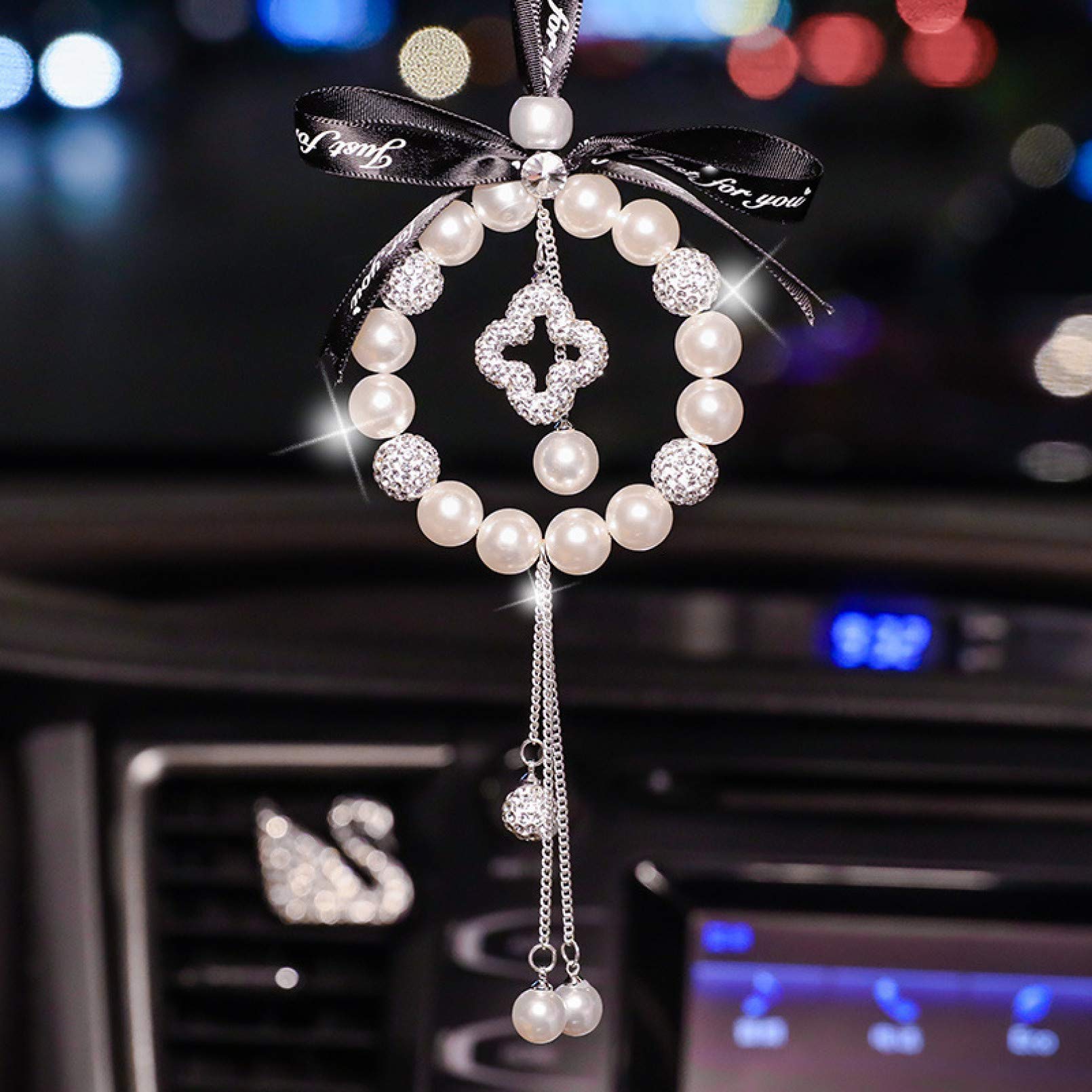 Crystal Car Rear View Mirror Pendant - Round Arch Pearl Hanging Decor with Diamond Accents | Elegant Interior Car Accessories for Sedan, SUV & Trailer | Perfect for Gifts, Daily Commute & Road Trips