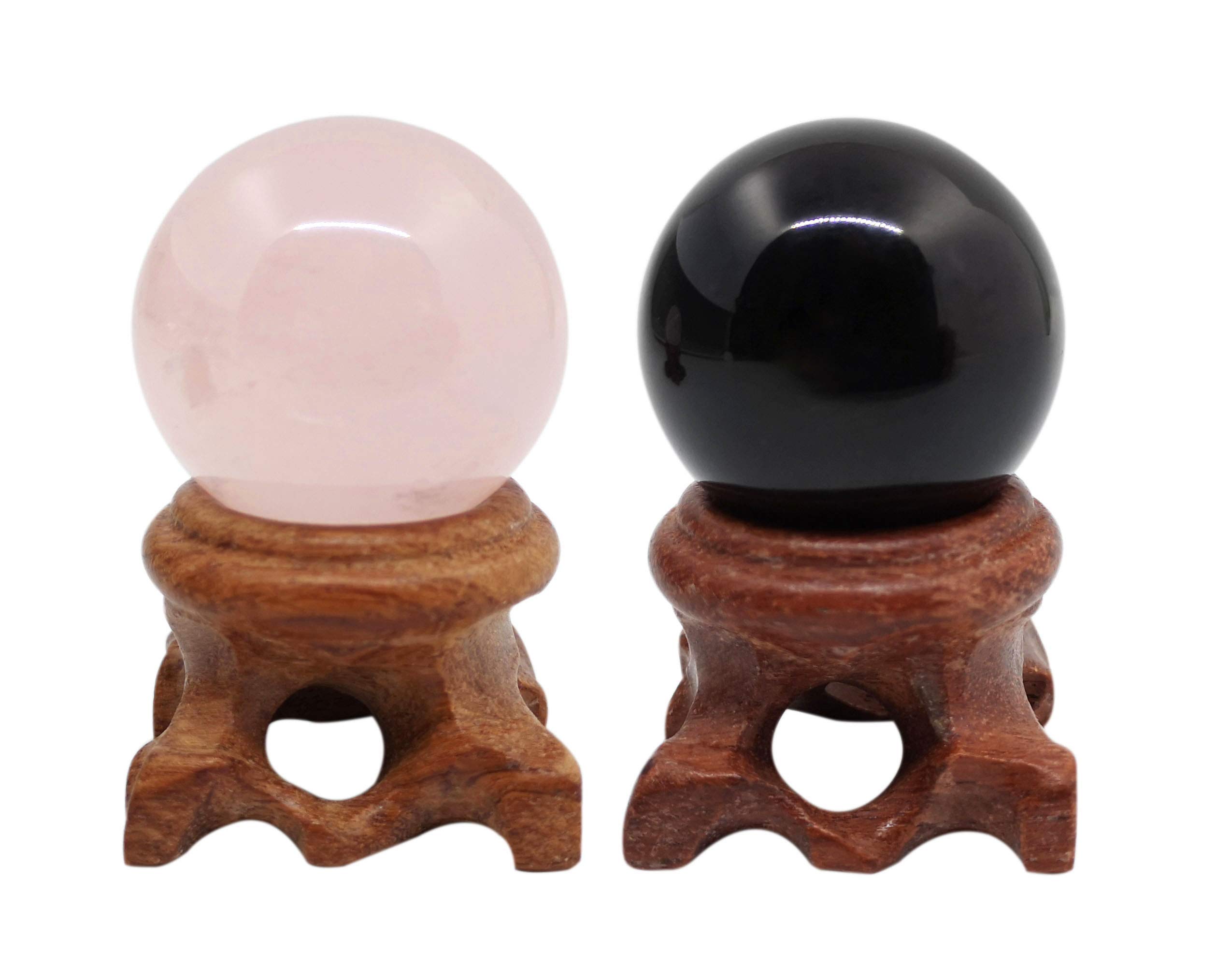 Natural Rose Quartz & Black Obsidian Crystal Spheres Set of 2 with Wooden Display Stand - Healing Stones for Meditation, Feng Shui & Home Decor