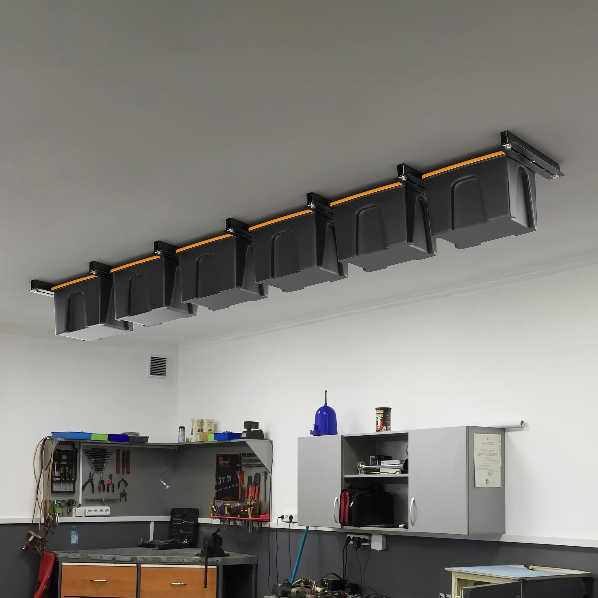 UltraWall Heavy Duty Overhead Garage Storage Racks - Adjustable Width Ceiling Organizer for Bins & Totes (7 Pack, 6 Bins Included) - Perfect for Garage, Basement & Attic Organization