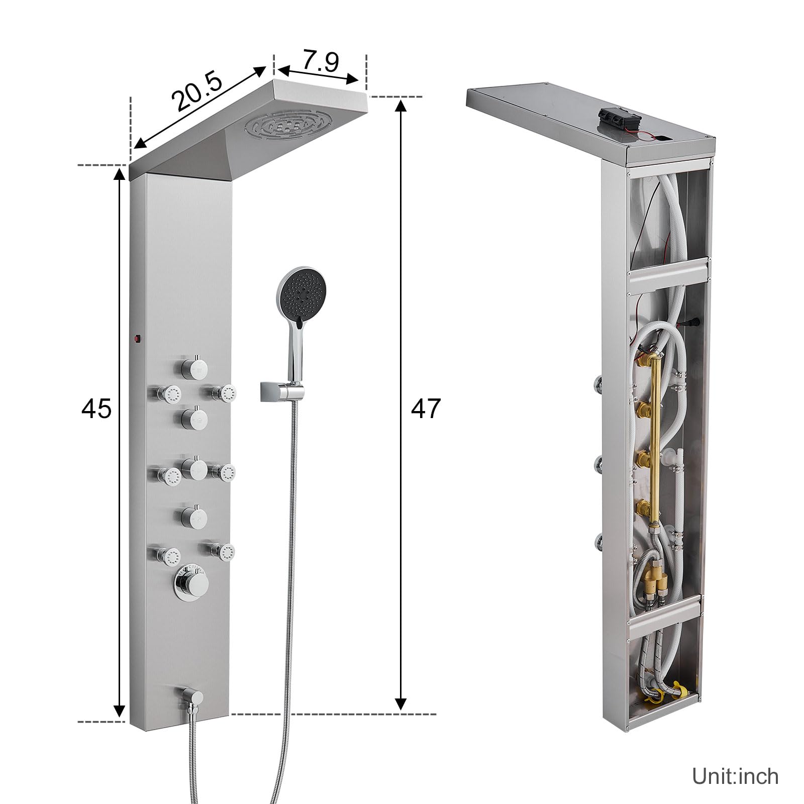 MENATT 4-in-1 LED Shower Panel Tower System with Rainfall Shower Head, Body Massage Jets, Handheld Shower & Tub Spout - Brushed Stainless Steel for Spa-Like Bathroom Experience