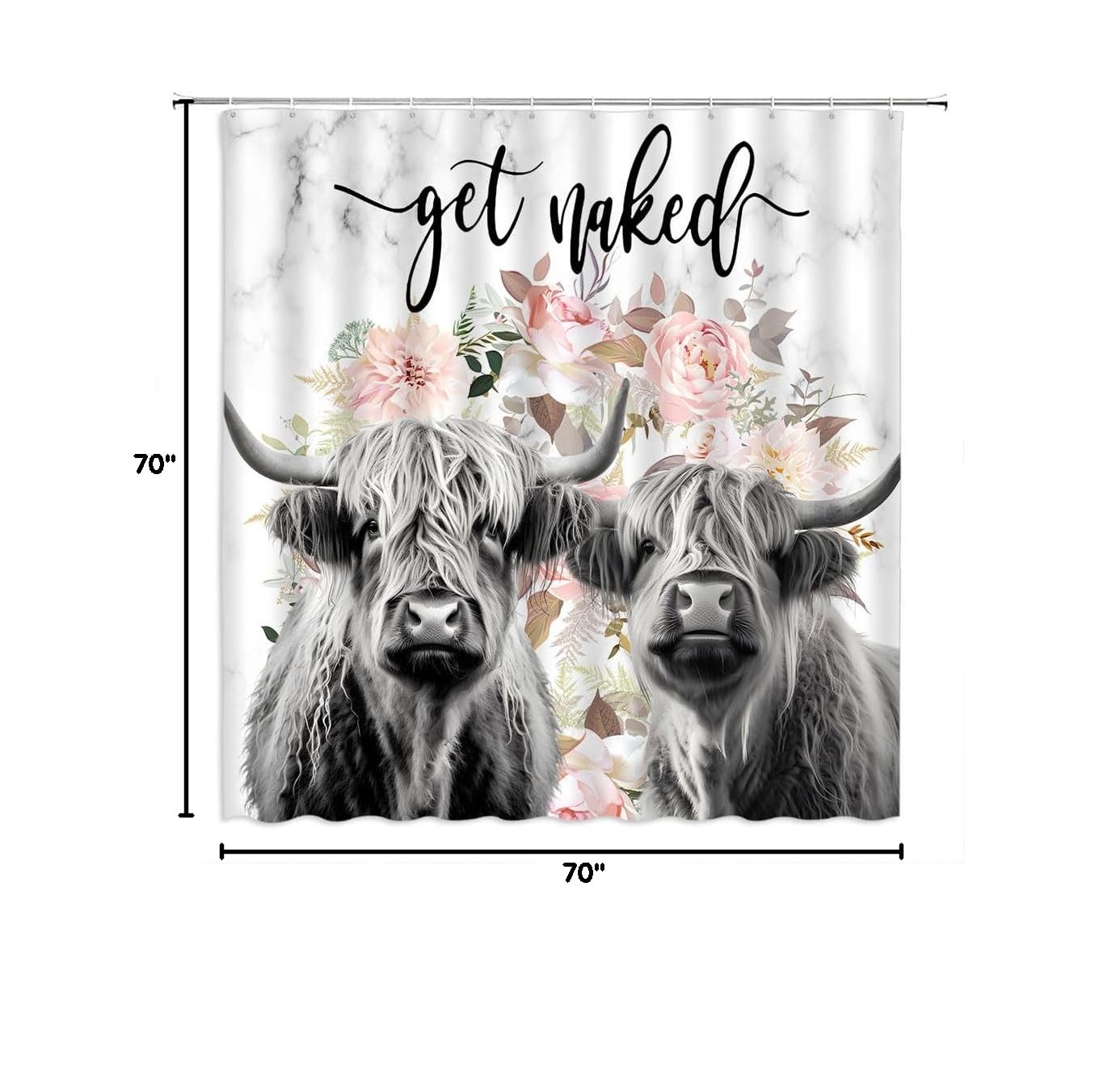 Funny Highland Cow Shower Curtain - Cute Bull Cattle Design with Pink Floral Farmhouse Pattern | 70x70 Inch Polyester Bathroom Set with Hooks | Perfect for Farmhouse, Country or Animal Lover Bathroom Decor