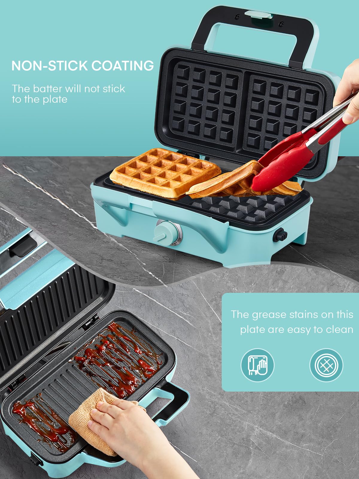 FOHERE 3-in-1 Waffle Maker & Sandwich Press, 1200W Panini Grill with Removable Non-Stick Plates, 5-Level Temperature Control, Easy to Clean with Indicator Lights (Blue) - Perfect for Breakfast, Brunch, and Quick Snacks at Home or Office