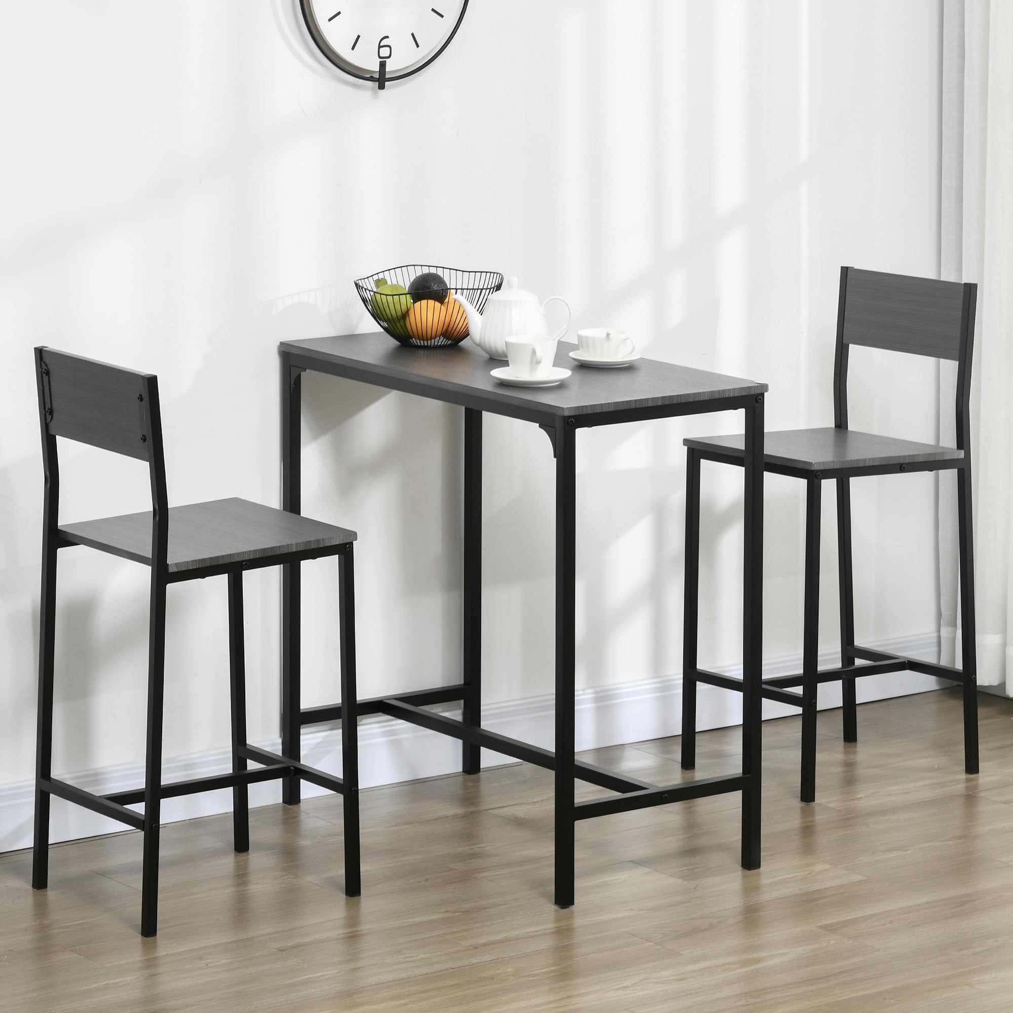 HOMCOM 3-Piece Industrial Bar Table and Chairs Set - Counter Height Kitchen Dining Table with 2 Bar Stools, Small Space Breakfast Nook Set in Gray - Perfect for Apartments, Kitchens & Compact Dining Areas