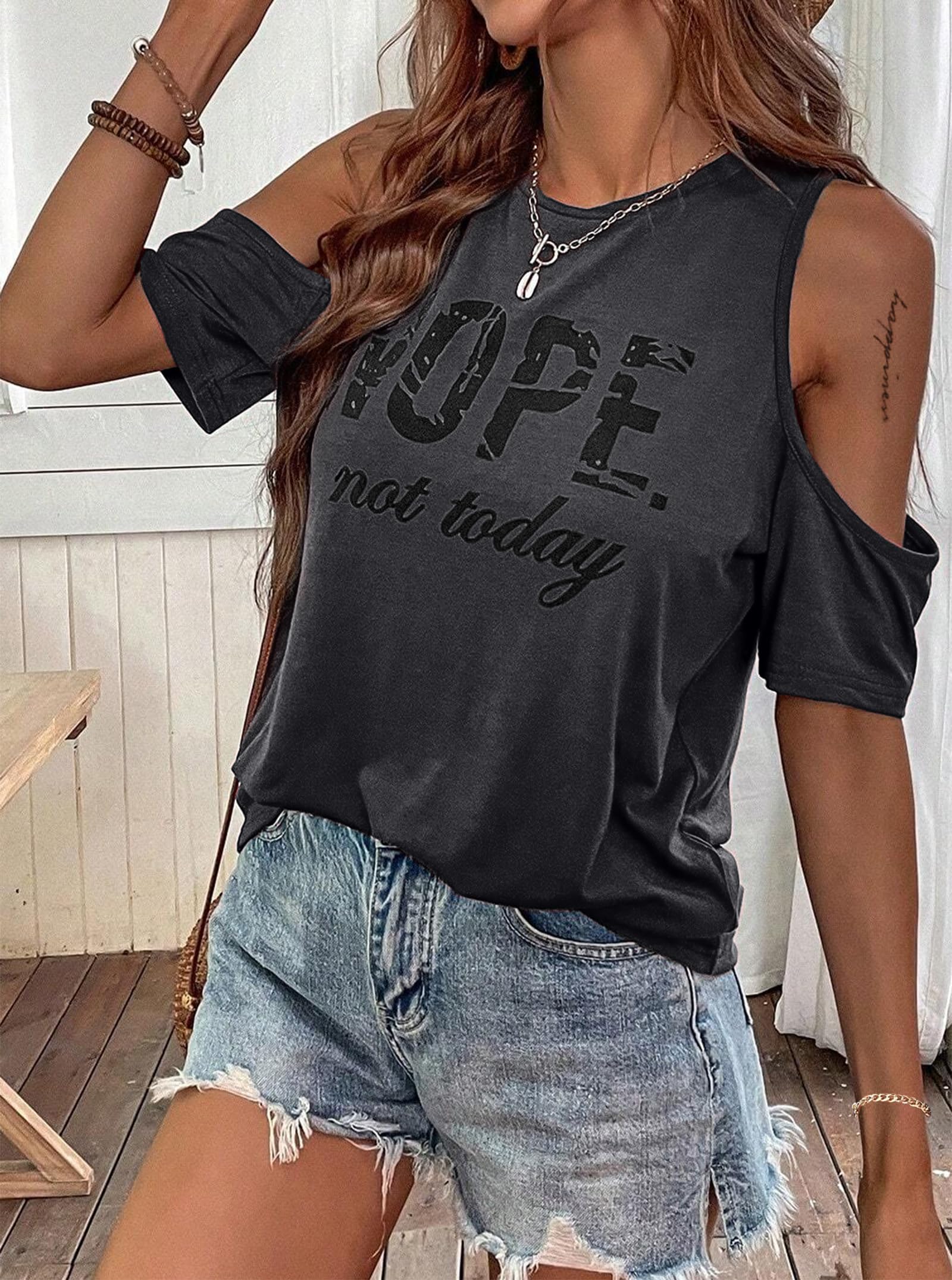 Hilinker Women's Vintage Graphic Cold Shoulder Tops - Short Sleeve Summer T-Shirts for Casual Outings, Beach Wear & Street Style Fashion