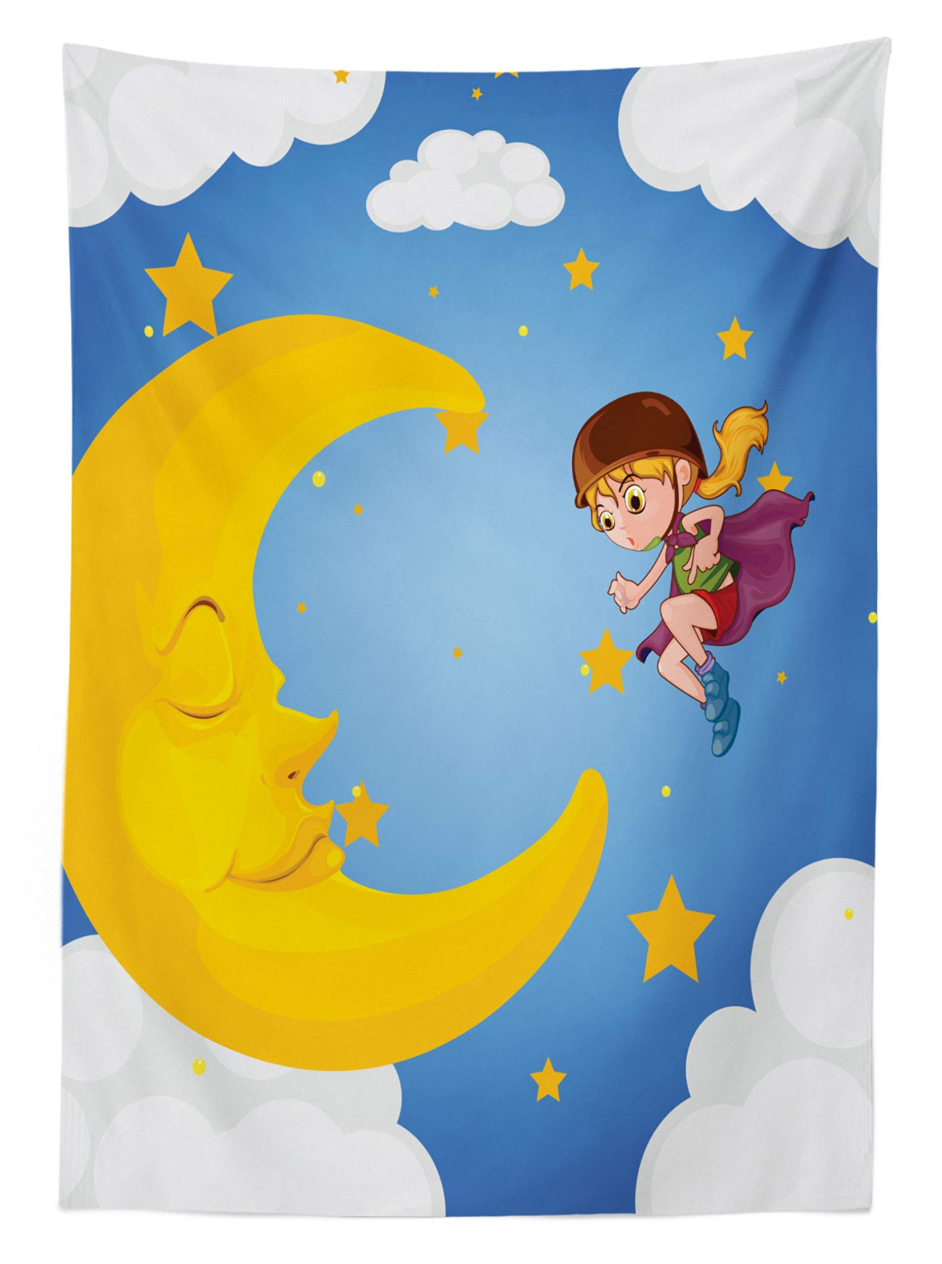 Ambesonne Superhero Theme Outdoor Tablecloth - Cartoon Girl with Cape Under Crescent Moon, Washable Picnic Table Cover 58x120 Inches, Multicolor for Camping, Backyard BBQs & Birthday Parties