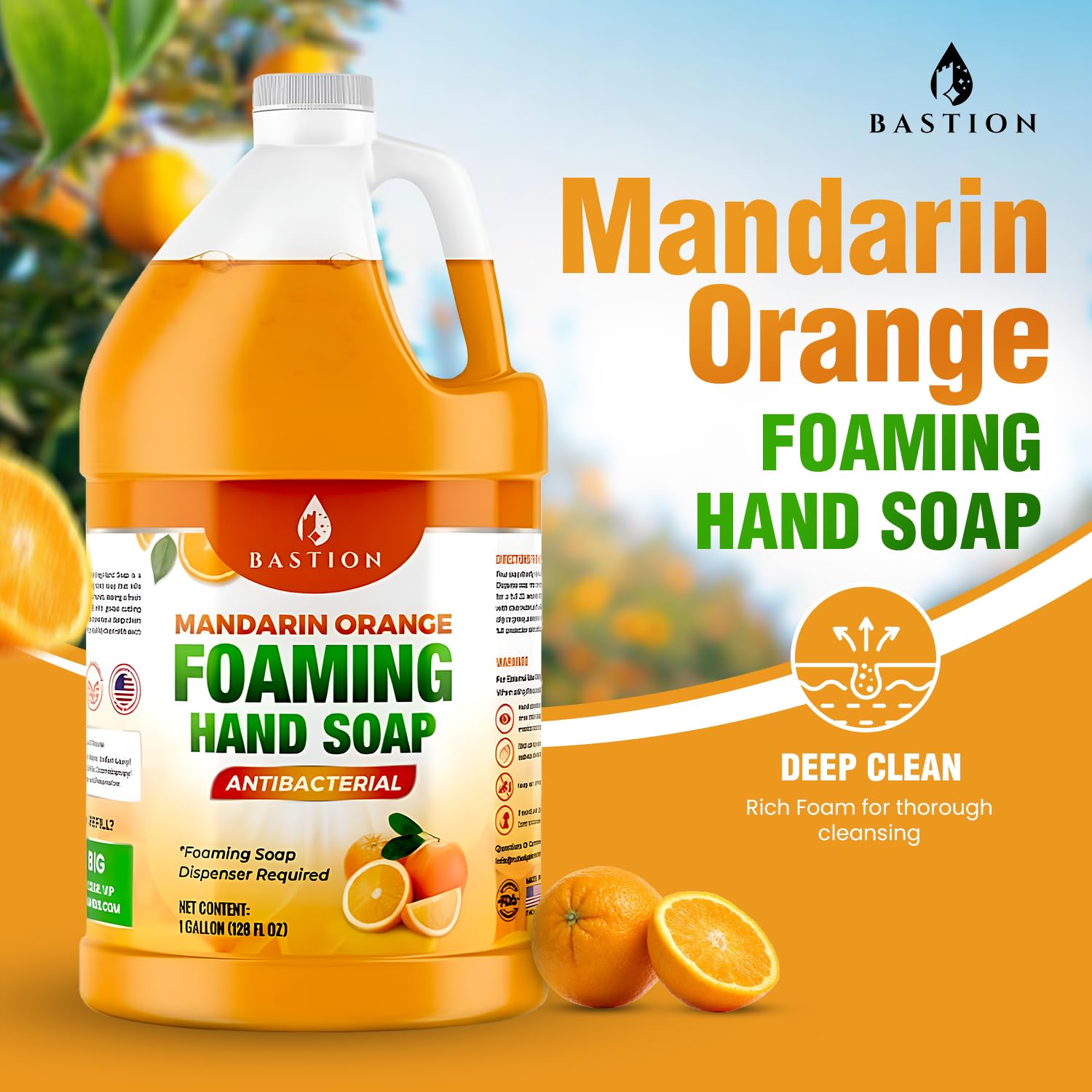 Bastion Foaming Antibacterial Hand Soap Refill - Mandarin Orange Scent, 4 Gallons (512 oz) Bulk Hand Wash for Commercial & Home Use | Ideal for Offices, Restaurants, and Healthcare Facilities