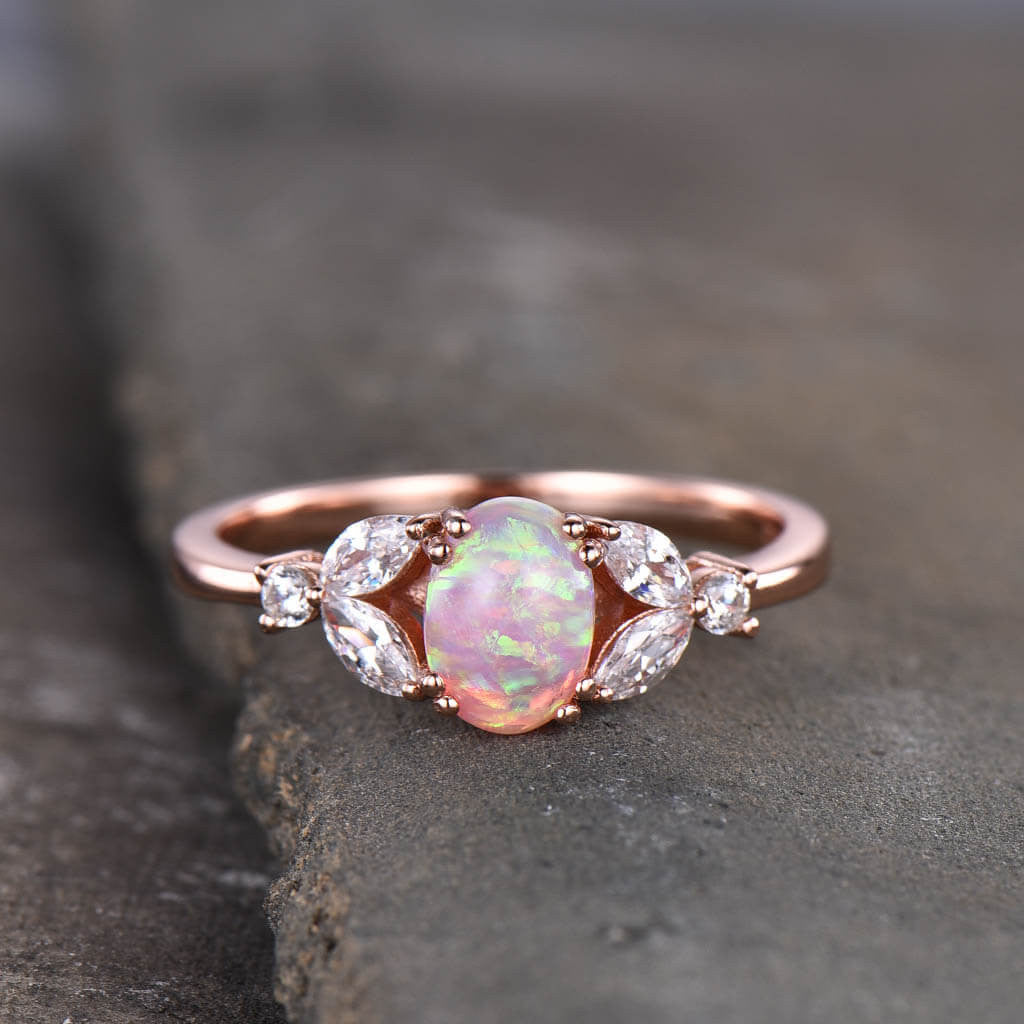 Lab-Created Pink Solitaire Opal Marquise Moissanite Engagement Ring in 14K Rose Gold - Perfect for Proposals, Anniversaries & Romantic Occasions
