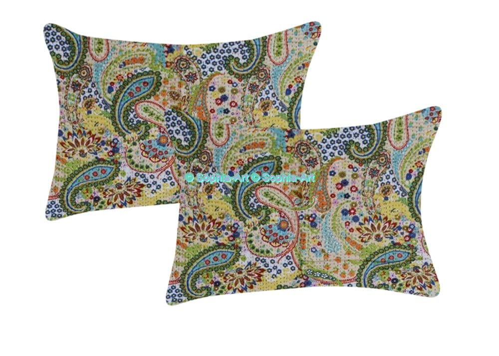 Sophia-Art Handmade Indian Kantha Cotton Quilt - Paisley Print Bohemian Bedspread, Sofa Cover & Throw Blanket for Bedroom, Living Room & Outdoor Use