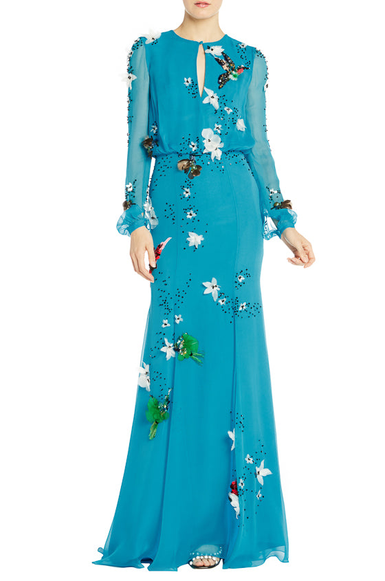 Elegant Electric Blue Long Sleeve Evening Gown for Women - Formal Dress for Prom, Wedding & Special Occasions