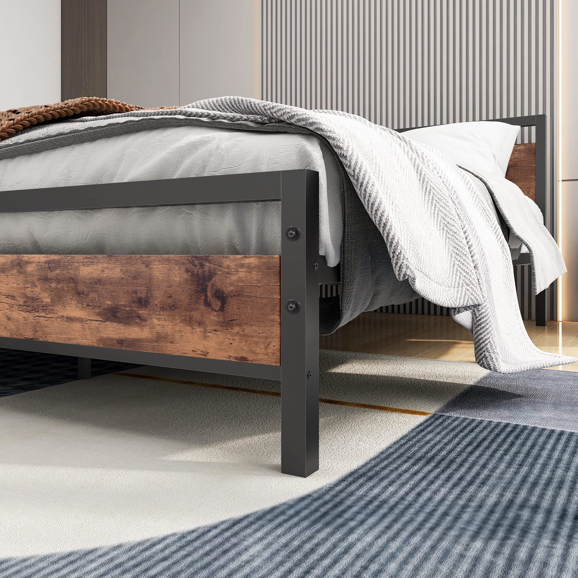 BOFENG Black Queen Size Bed Frame with Wood Headboard - Heavy Duty Platform Bed with Storage, No Box Spring Needed, Sturdy Steel Slats, Noise Free (Brown) - Perfect for Master Bedrooms, Guest Rooms & Small Spaces