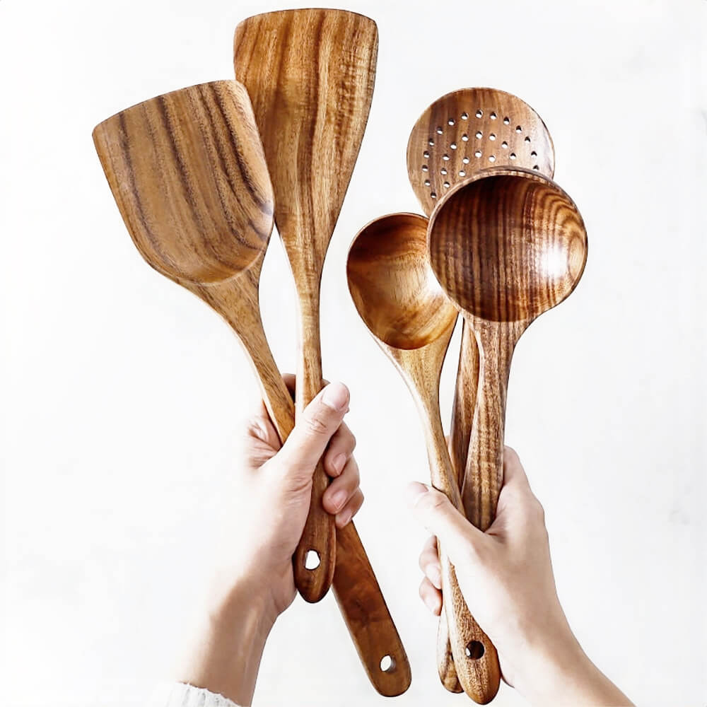 Premium 7-Piece Hazel Wooden Cooking Utensil Set - Natural Wood Kitchen Tools for Non-Stick Cookware, Baking & Healthy Cooking - Ideal for Home Chefs & Eco-Friendly Kitchens