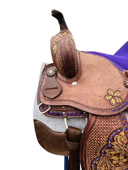 Western Kids Barrel Saddle - Genuine Leather Floral Tooled Youth Saddle for Horse Riding, Training & Rodeo Events | Perfect for Young Riders & Beginners