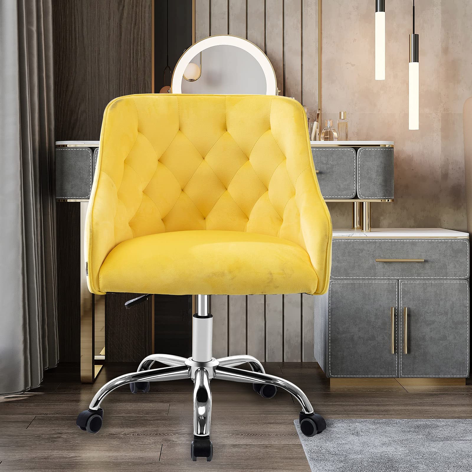 Velvet Home Office Chair with Wheels - Modern Swivel Desk Chair with 5-Wheel Base & Arms - Elegant Shell Chair for Study, Living Room & Bedroom - Perfect for Remote Work & Home Decor (Yellow)