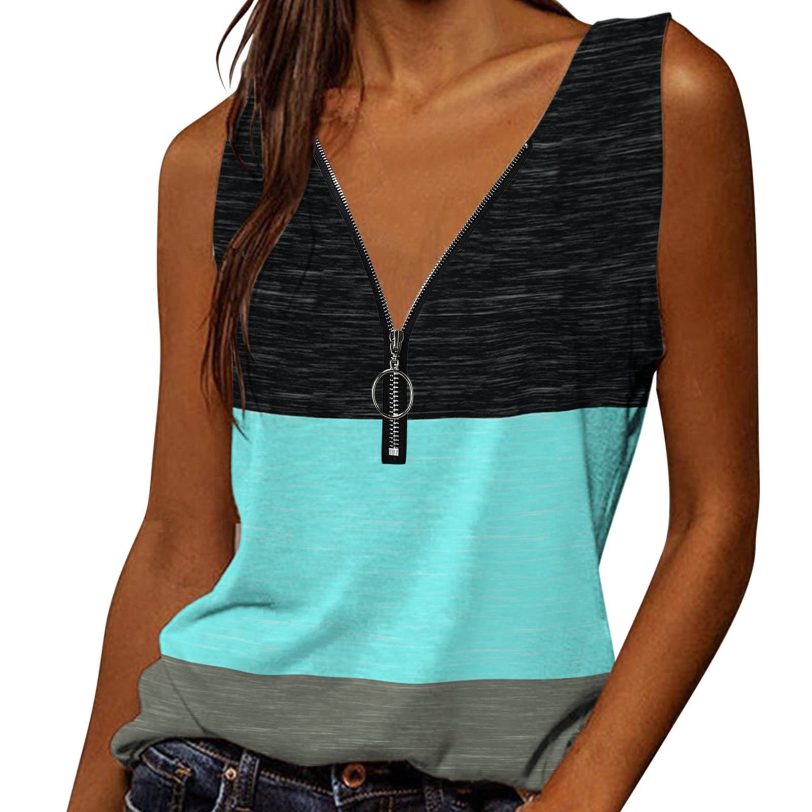 Women's Casual Baseball Tank Top - Striped Print V-Neck Zipper Sexy Elegant Loose Sleeveless Blouse for Summer Sports, Beach & Street Fashion