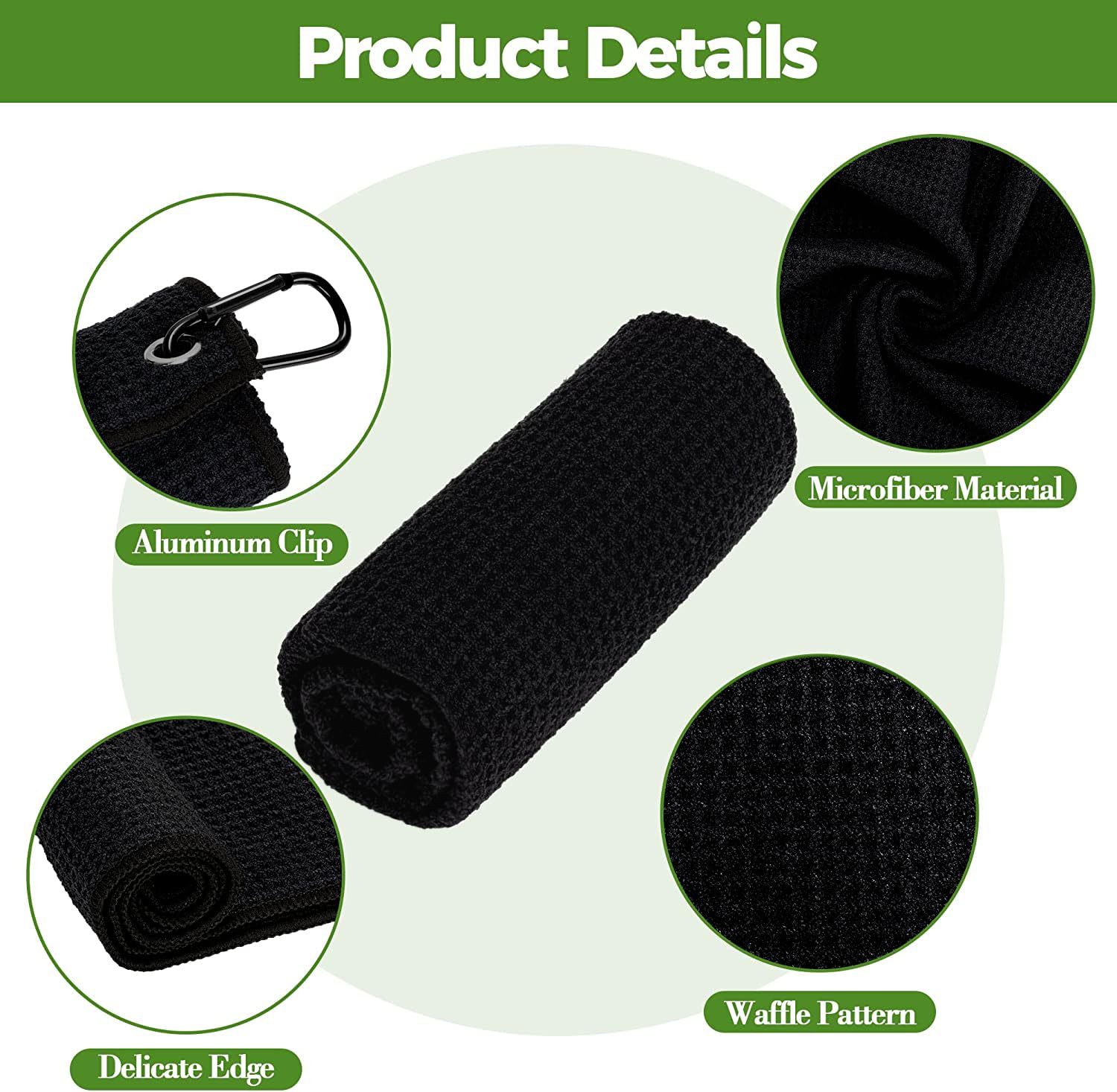 Premium Microfiber Waffle Golf Towels with Club Cleaning Brush Set (2 Black Towels + Black Brush) - Super Absorbent, Quick-Dry for Golf Course, Gym & Sports Use