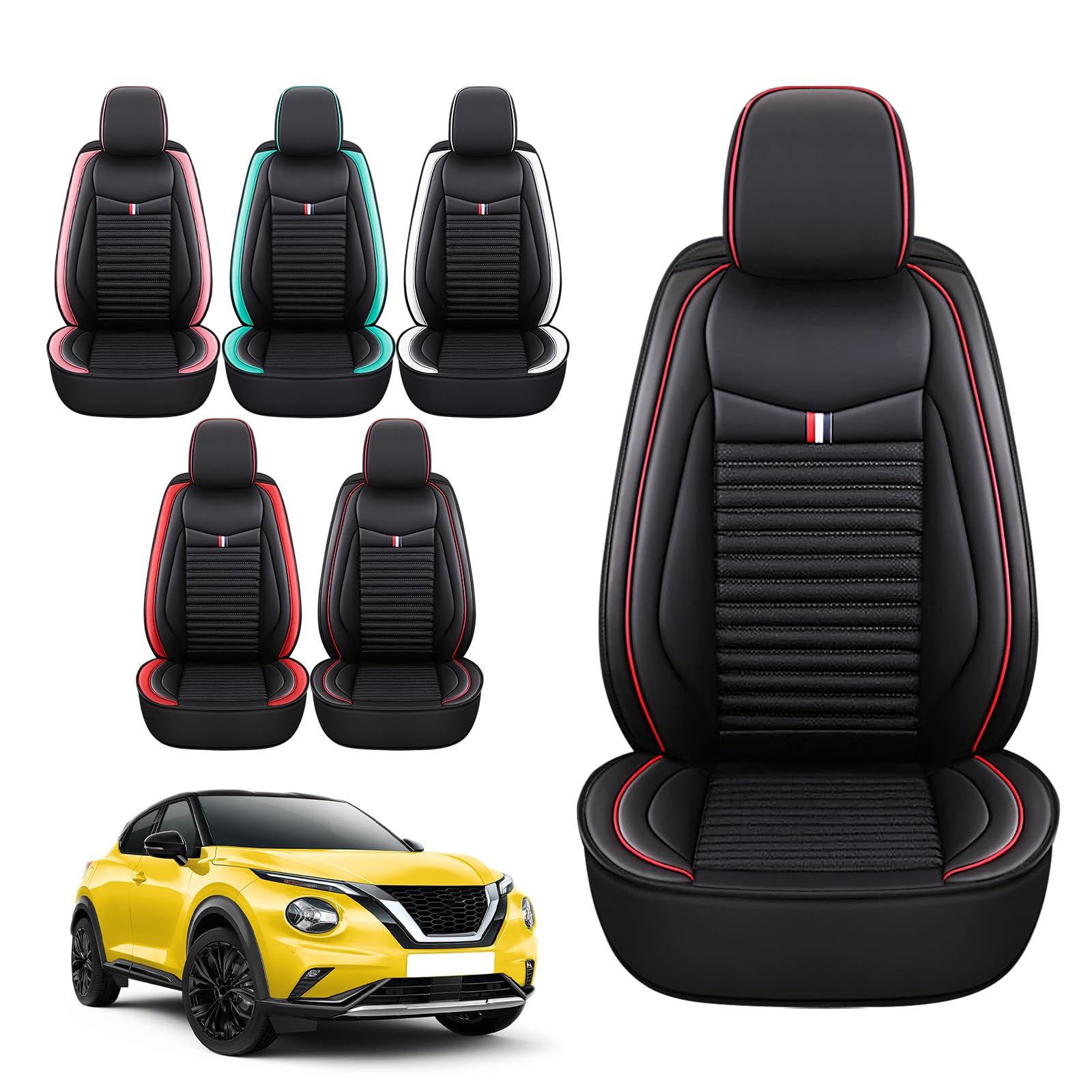 Premium Leather Car Seat Covers for Nissan Juke 2011-2017 - Universal Anti-Slip Design Fits Most Cars, Sedans, SUVs & Trucks (Black Red Bars) - Perfect for Daily Commuting, Road Trips & Vehicle Protection