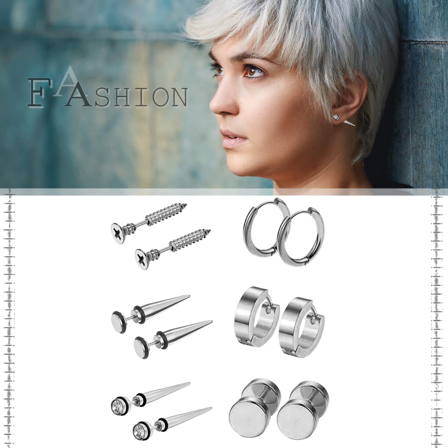 **Aroncent 6 Pairs Stainless Steel Small Hoop Earrings for Men & Women - Fake Gauges, Spike Earrings Set | Hypoallergenic, Lightweight & Durable | Perfect for Casual Wear, Parties & Gifts**