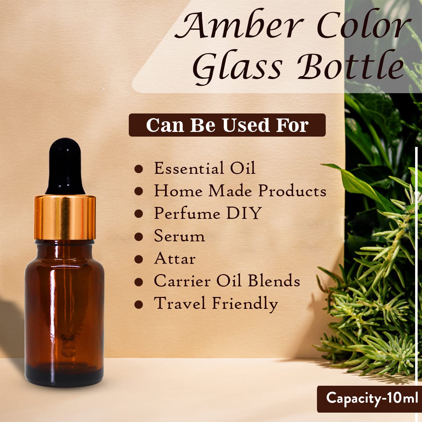 NSB Herbals 10ml Amber Round Empty Glass Bottle with Glass Dropper, Gold Ring & Black Silicone Teat - Leak Proof, Refillable for Essential Oils, DIY Perfumes, Aromatherapy (Pack of 3) - Perfect for Travel, Home Use & Gift Sets