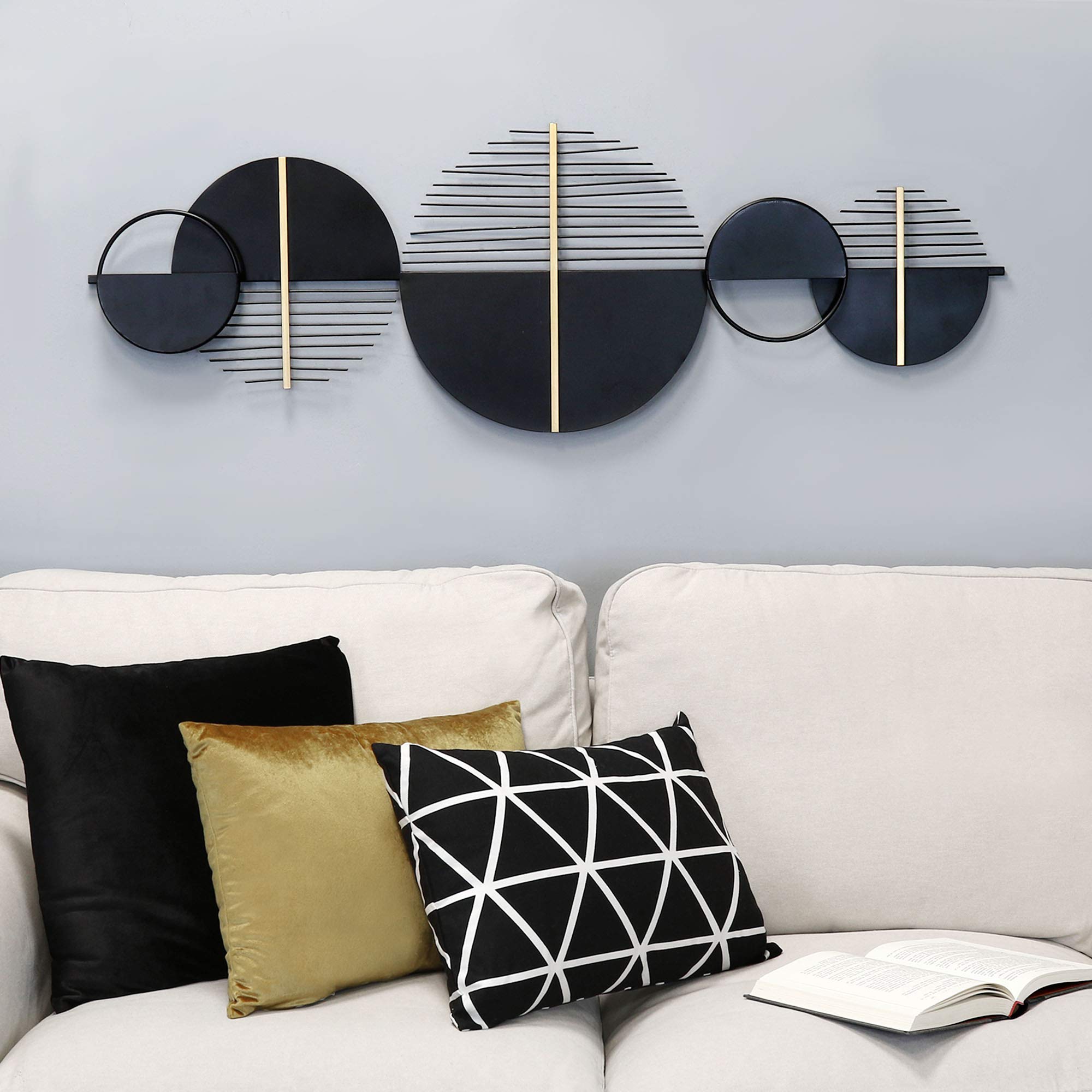 Black and Gold Modern Metal Wall Art - Geometric Laser-Cut Contemporary Centerpiece Decor for Living Room, Bedroom, Office - Unique Futuristic Home Gift Idea