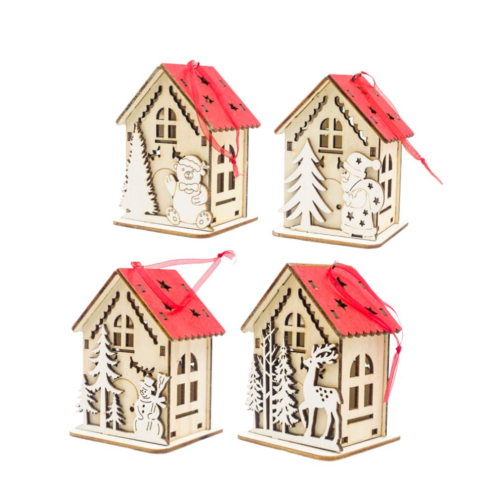 Amosfun Wooden LED Christmas Hanging House - DIY Painted Mini Light Up House Decor for Winter Holiday, Home, Office, Table, Desk - 4 Pack Indoor Xmas Ornaments (Perfect for Mantel Decor, Gift Exchange, Party Centerpieces)
