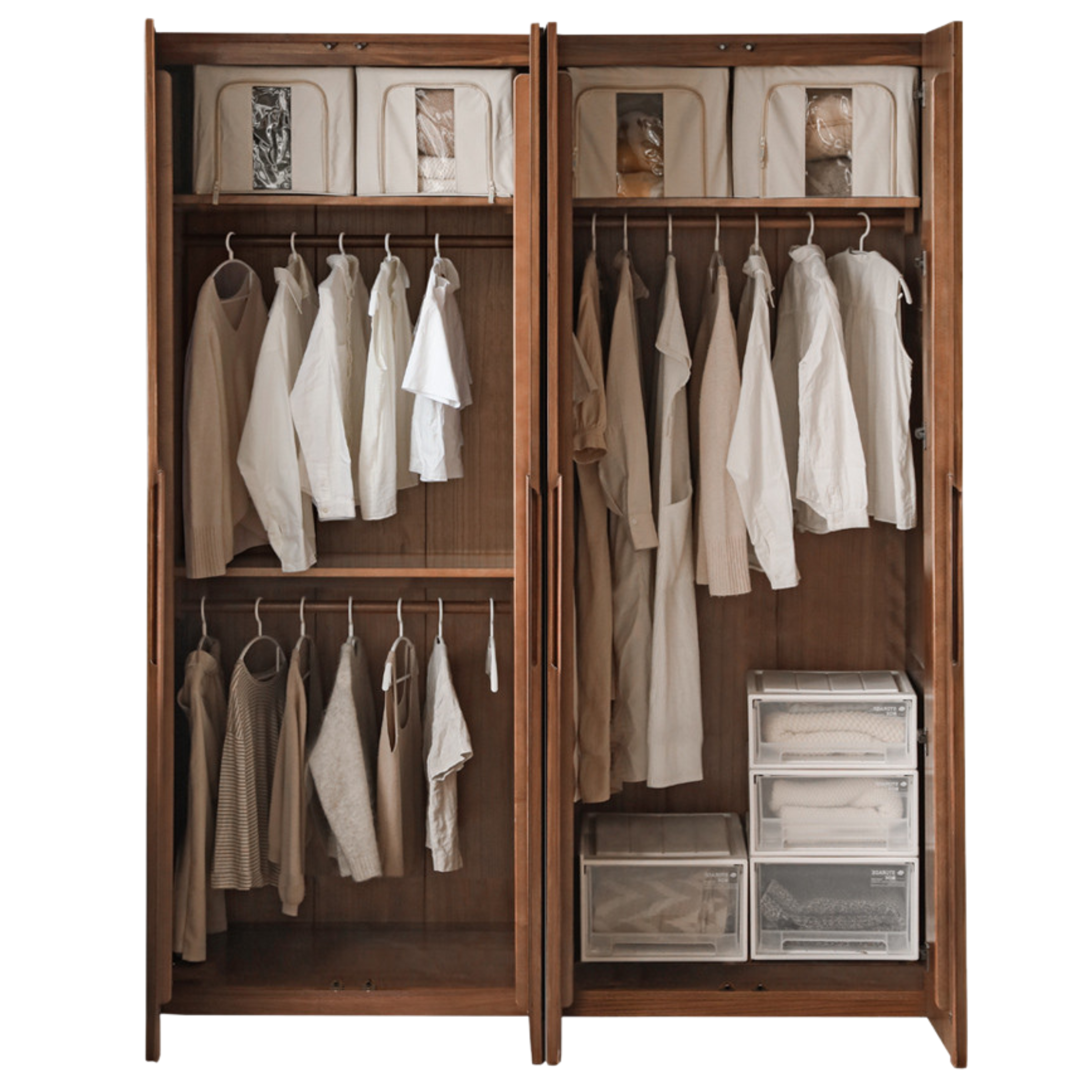 Premium Black Walnut Solid Wood Wardrobe - Double Door Closet with Mirror | Spacious Storage for Bedroom, Walk-in Closet & Guest Room Organization