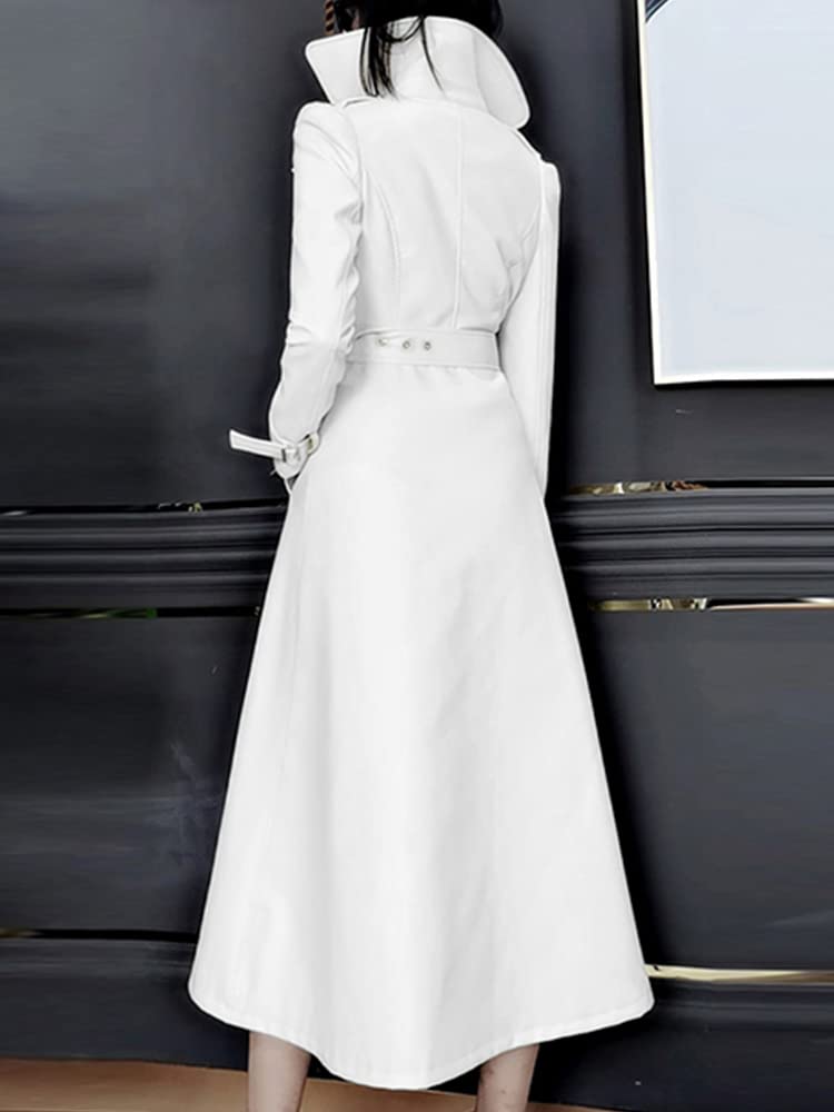 Women's White Long Leather Trench Coat - Spring Runway Fashion Long Sleeve Jacket for Office, Dating & Special Occasions