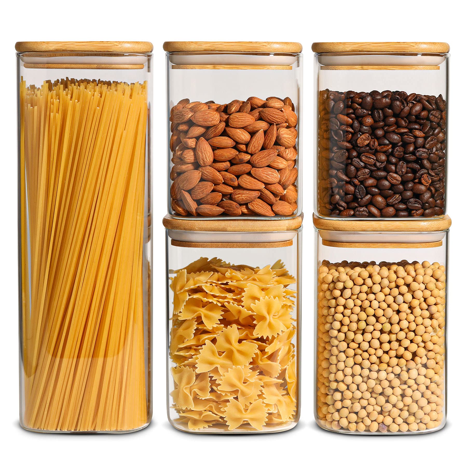 ComSaf 5-Piece Airtight Glass Food Storage Containers Set with Bamboo Lids - Clear Square Pantry Canisters for Pasta, Sugar, Flour, Cereal & Beans | Ideal for Kitchen Organization, Meal Prep & Bulk Food Storage