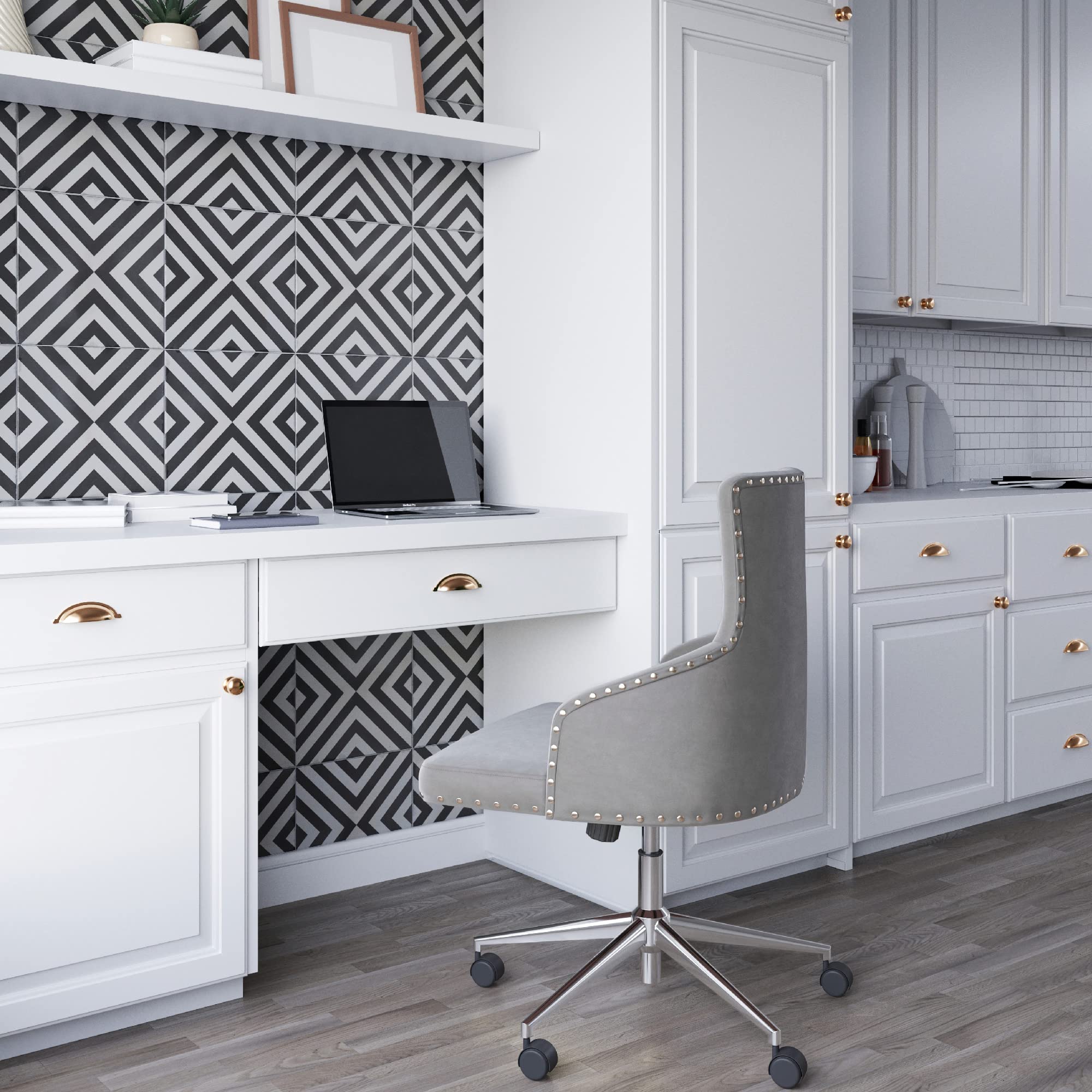 BELLEZE Modern Velvet Desk Chair - Adjustable Height Swivel Office Chair with Wheels, Tufted Upholstered Seat & Slim Arms for Home Office, Bedroom Vanity or Study Room - Gray (Belden Collection) - Perfect for Working from Home, Online Classes & Makeup Vanity
