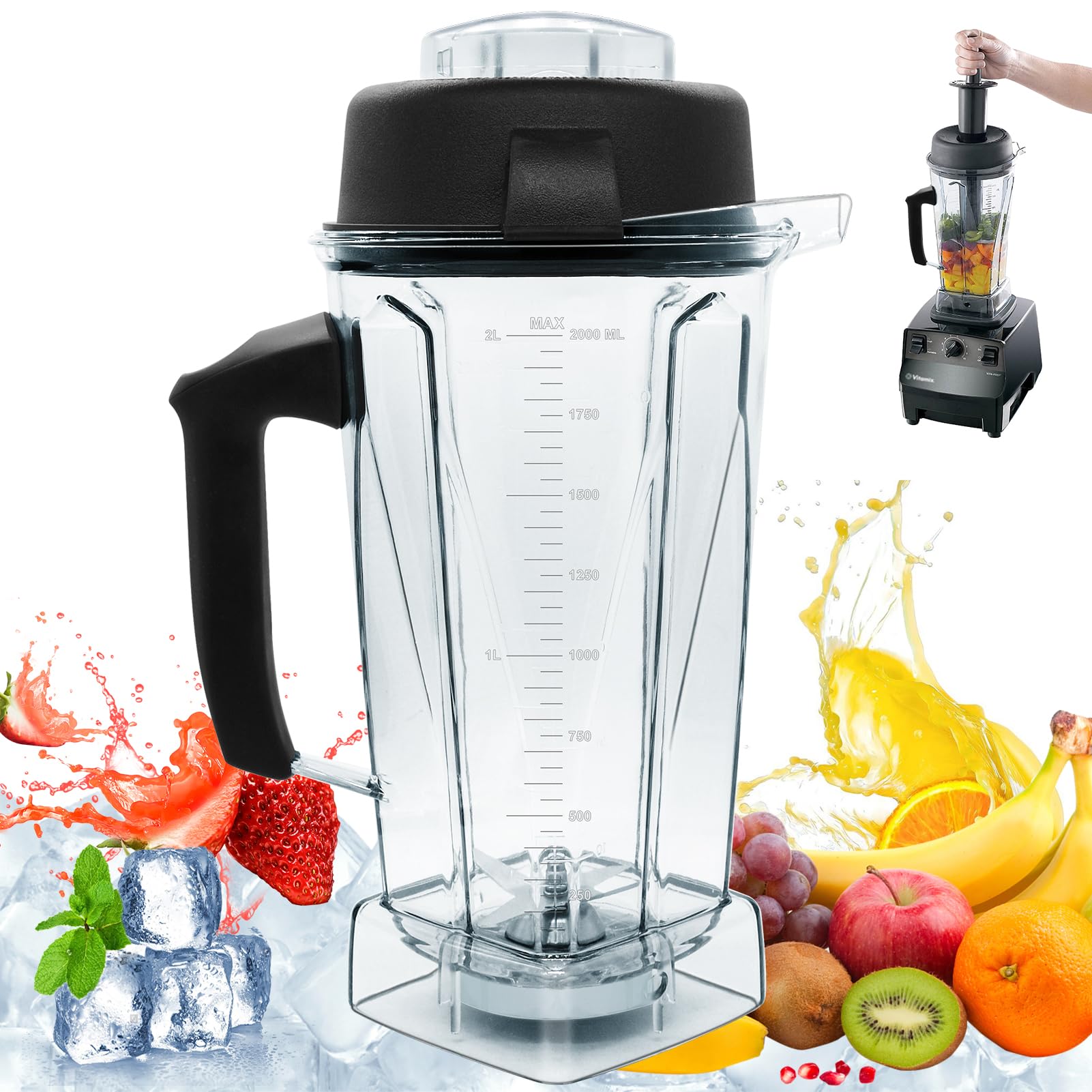 64oz Vitamix Blender Pitcher Replacement with Tamper - Compatible with Vitamix 5200 5300 6000 6300 6500 5000 5500 7500 4500 A2300 Series - Durable Blender Container Jar for Smoothies, Soups & Nut Butters - 1 Year Warranty