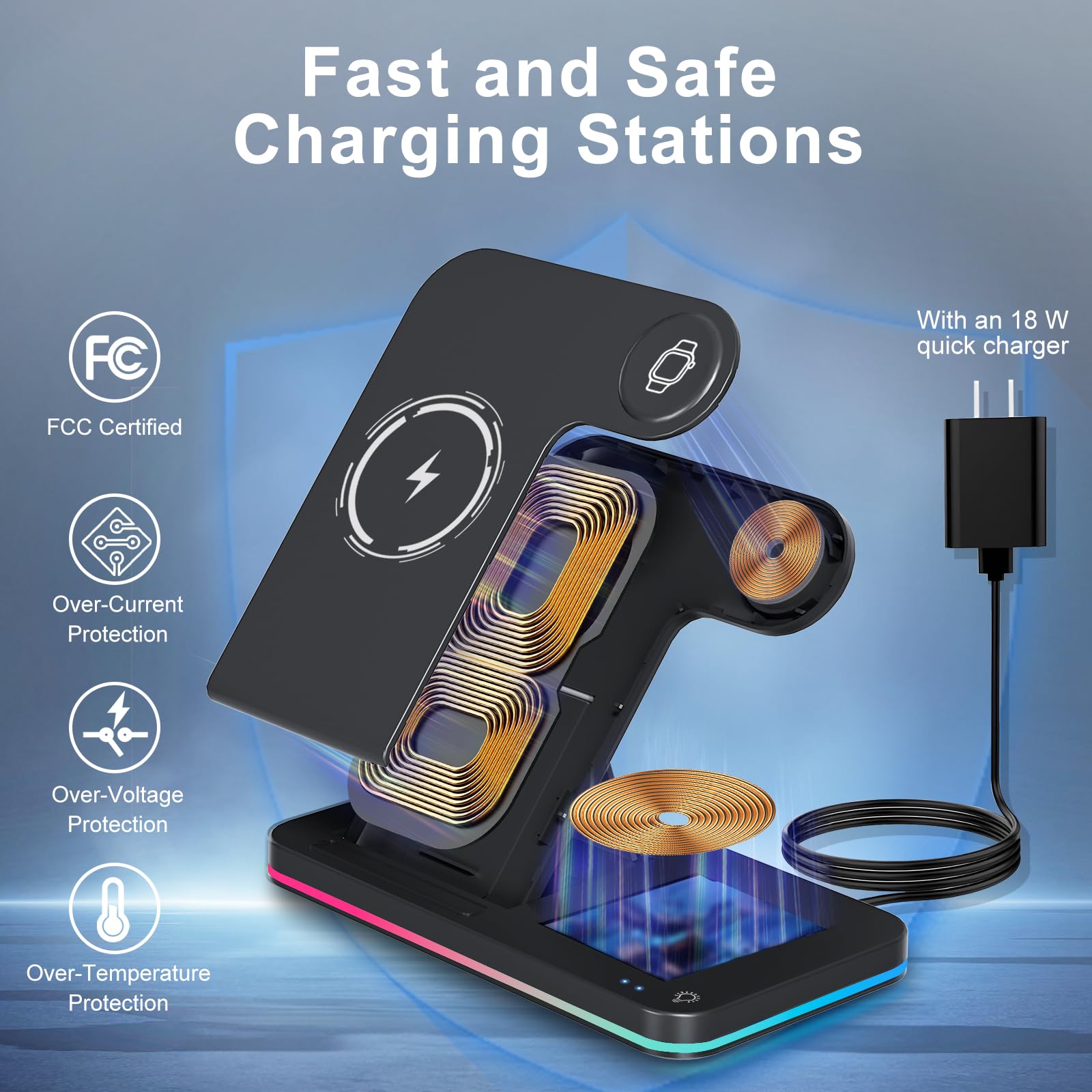 3-in-1 Wireless Charging Station for iPhone 16/15/14/13 Pro Max - Fast Foldable Charger Stand with 18W Quick Charger for Apple Watch & AirPods Pro 2 - Perfect for Home, Office & Travel