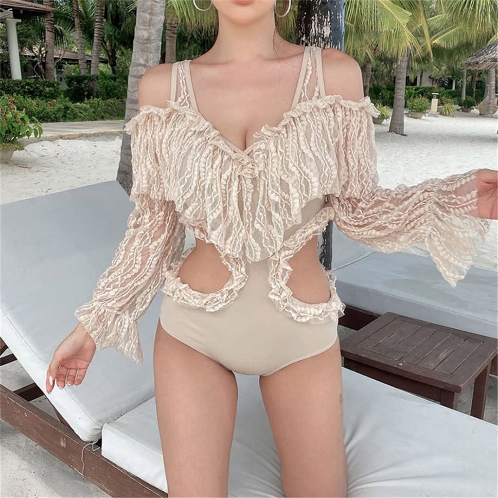 One Piece Swimsuit for Women - Sexy Long Sleeve Lace Off Shoulder Solid Color Bathing Suit | Medium Size | Perfect for Beach Vacation, Pool Party & Summer Swimwear